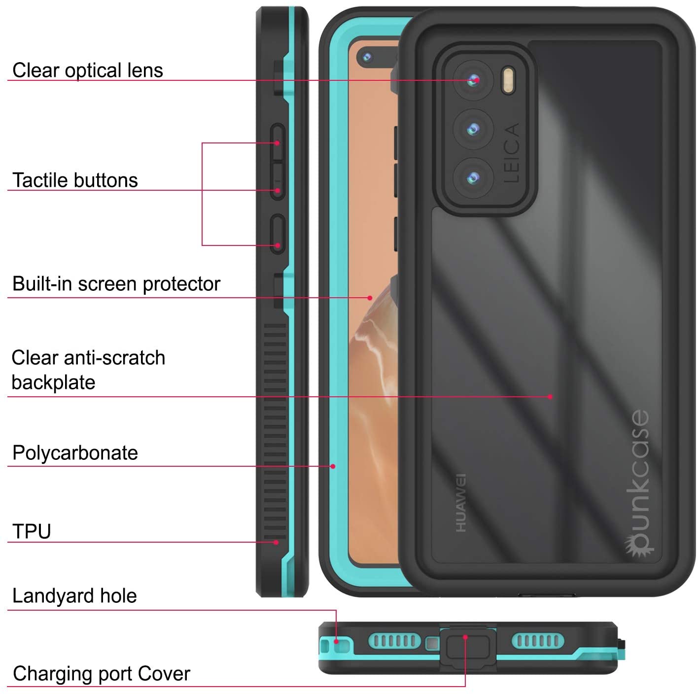 Huawei P40 Waterproof IP68 Case, Punkcase [Teal] [StudStar Series] [Slim Fit]