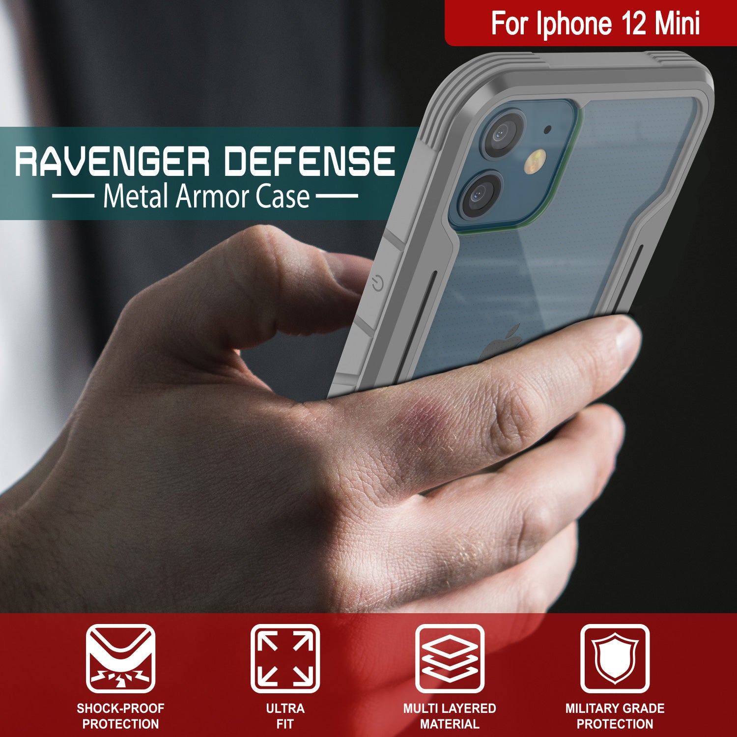 Punkcase iPhone 12 Mini ravenger Case Protective Military Grade Multilayer Cover [Grey]