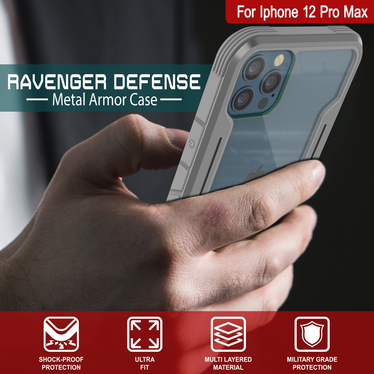 Punkcase iPhone 12 Pro Max ravenger Case Protective Military Grade Multilayer Cover [Grey]