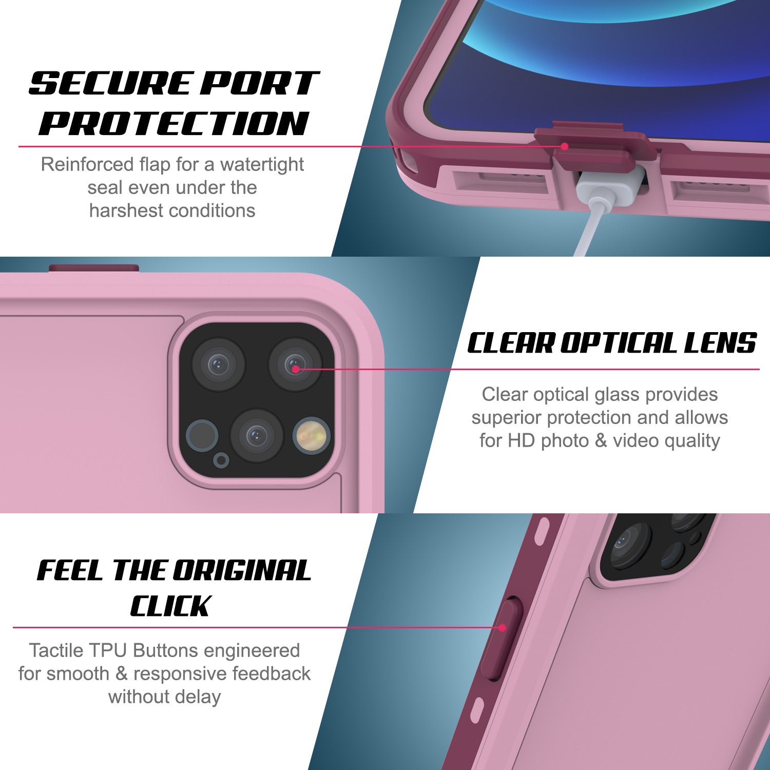 iPhone 12 Pro Waterproof Case, Punkcase [KickStud Series] Armor Cover [Pink]