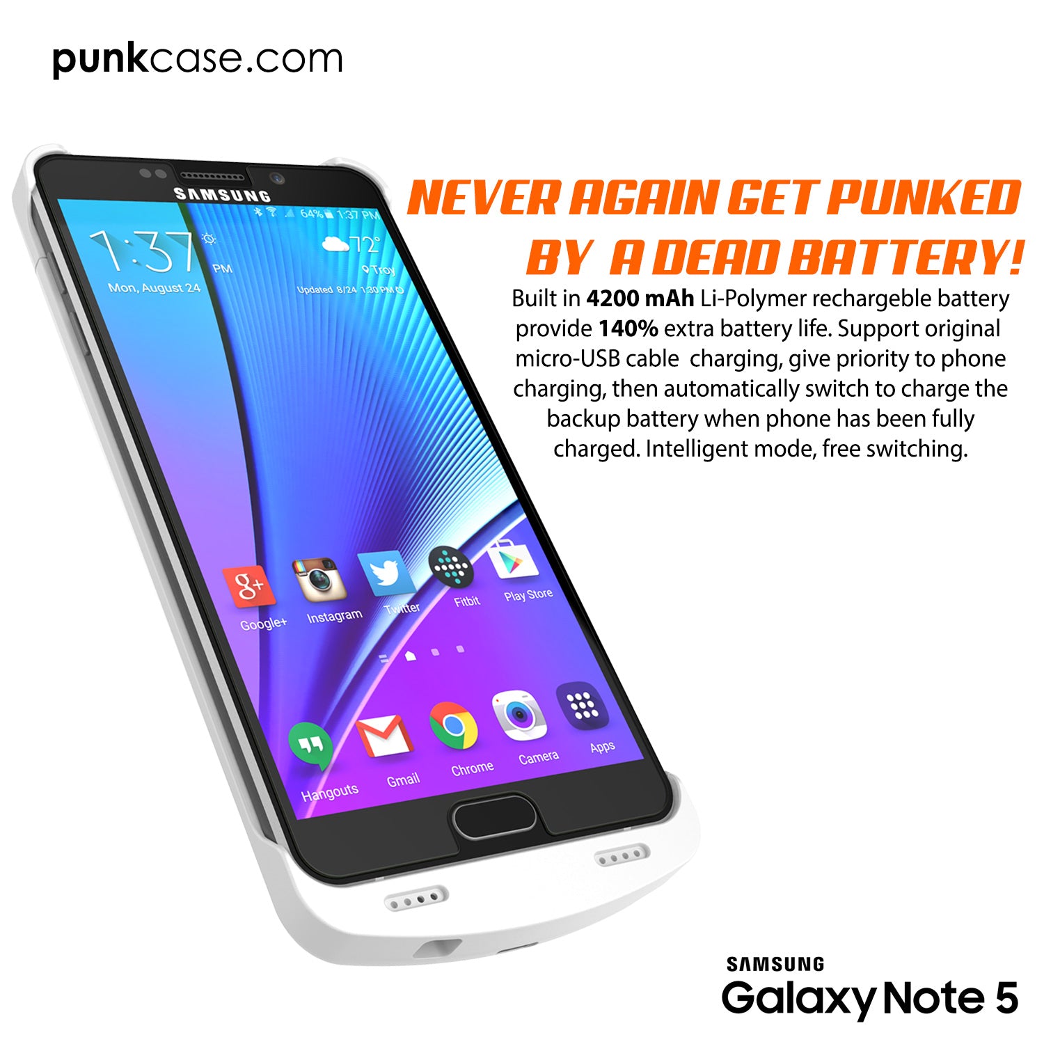 Galaxy Note 5 Battery Case, Punkcase 5000mAH Charger Case W/ Screen Protector | IntelSwitch [White]
