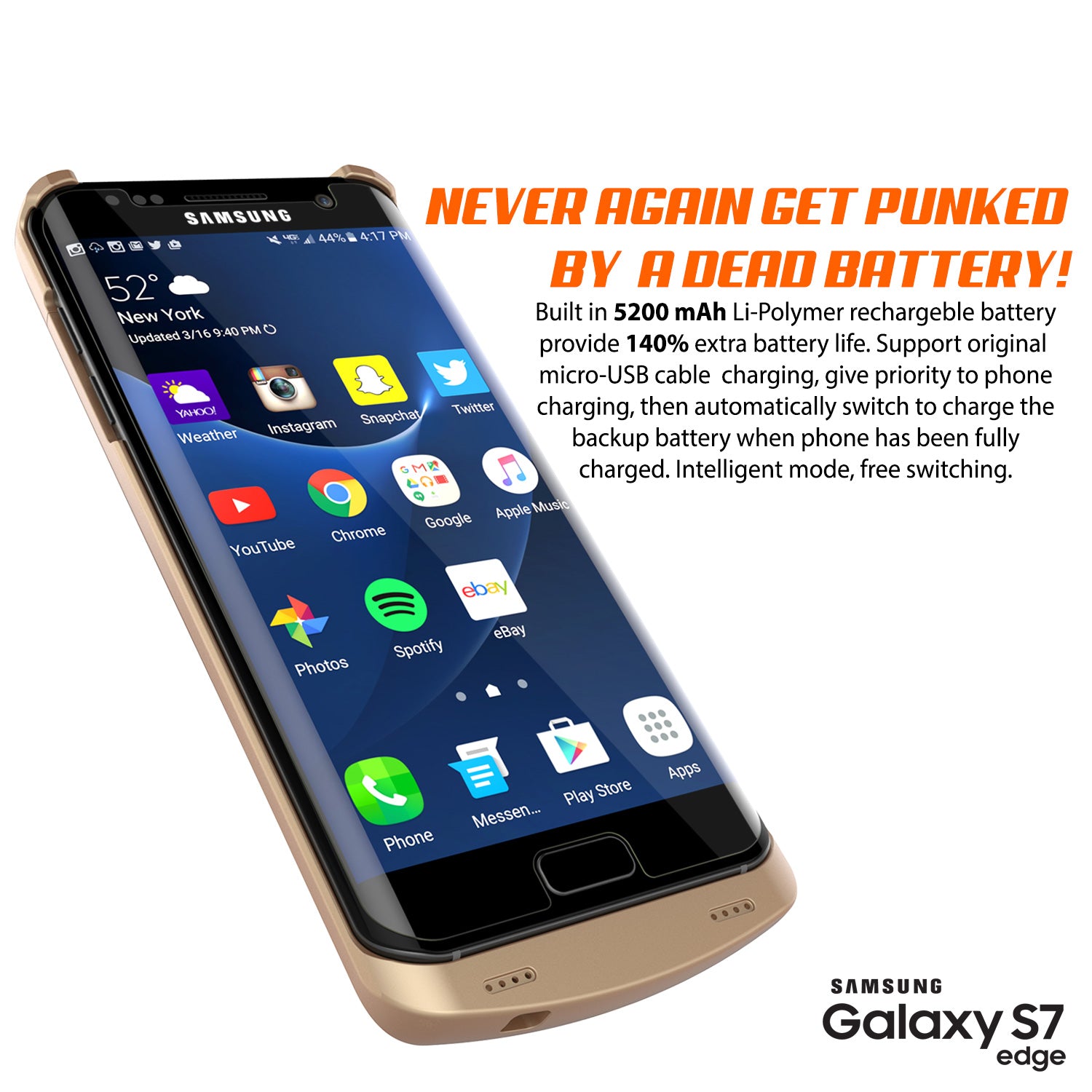 Galaxy S7 EDGE Battery Case, Punkcase 5200mAH Charger Case W/ Screen Protector | Integrated Kickstand & USB Port | IntelSwitch [Gold]