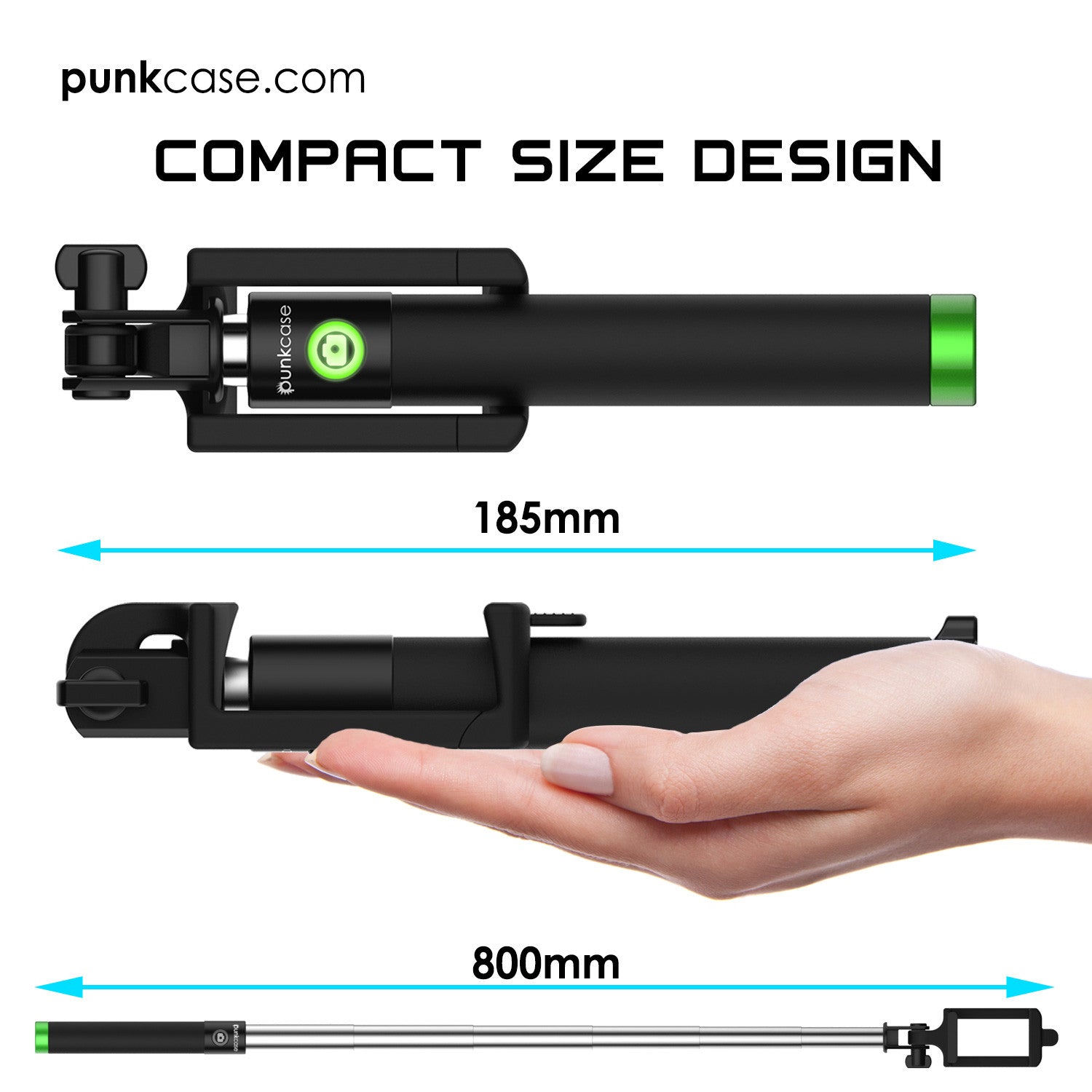 Selfie Stick - Green, Extendable Monopod with Built-In Bluetooth Remote Shutter