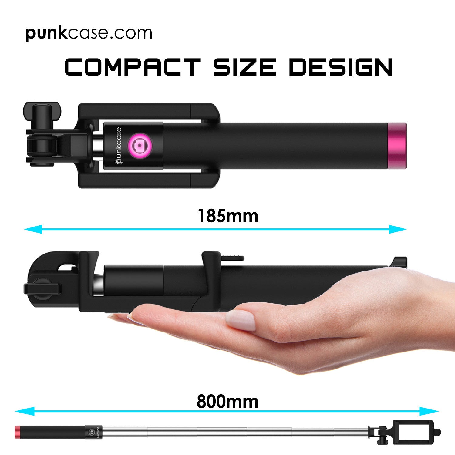 Selfie Stick Pink, Extendable Monopod with Built-In Bluetooth Remote Shutter