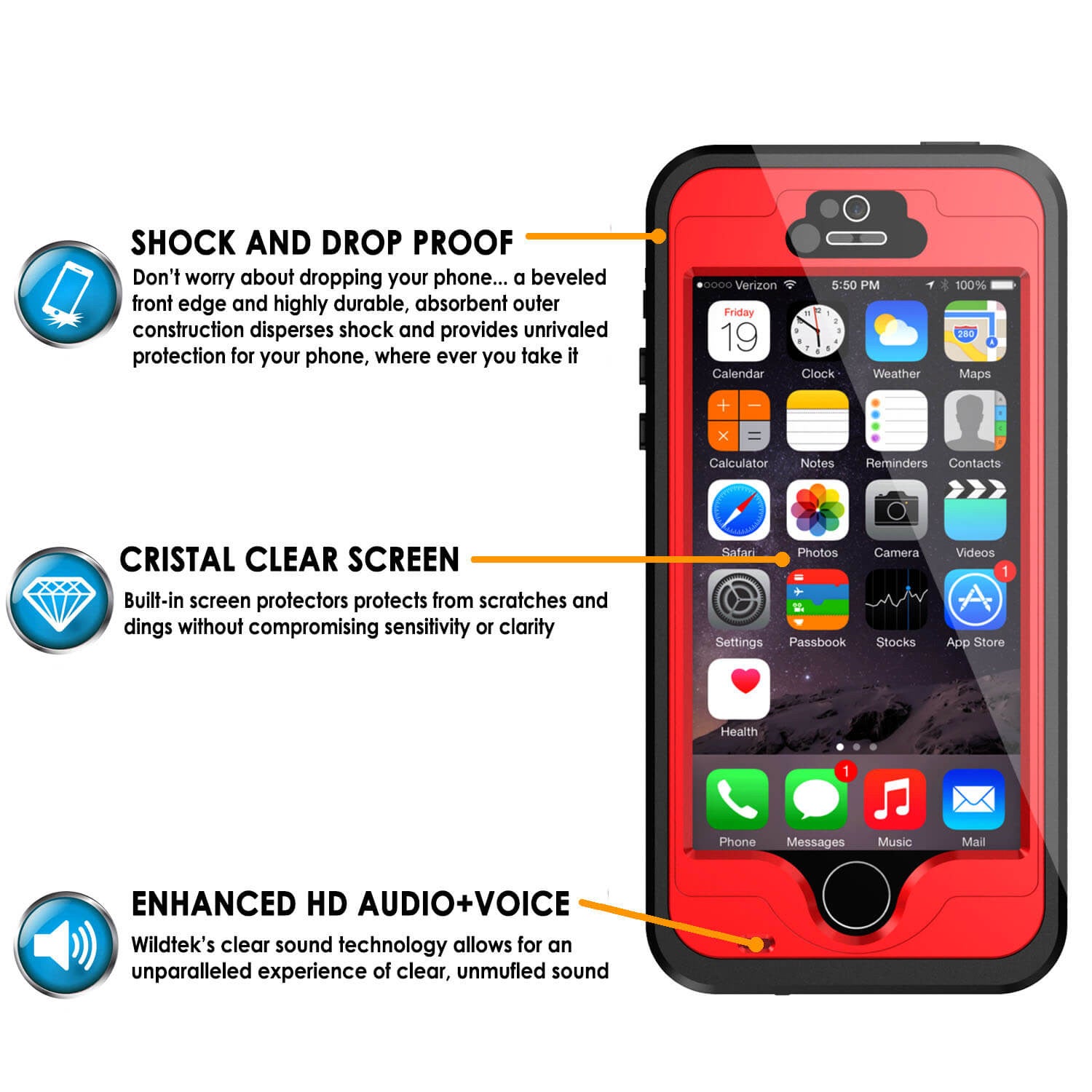 iPhone 5S/5 Waterproof Case, PunkCase StudStar Red Case Water/Shock/Dirt Proof | Lifetime Warranty