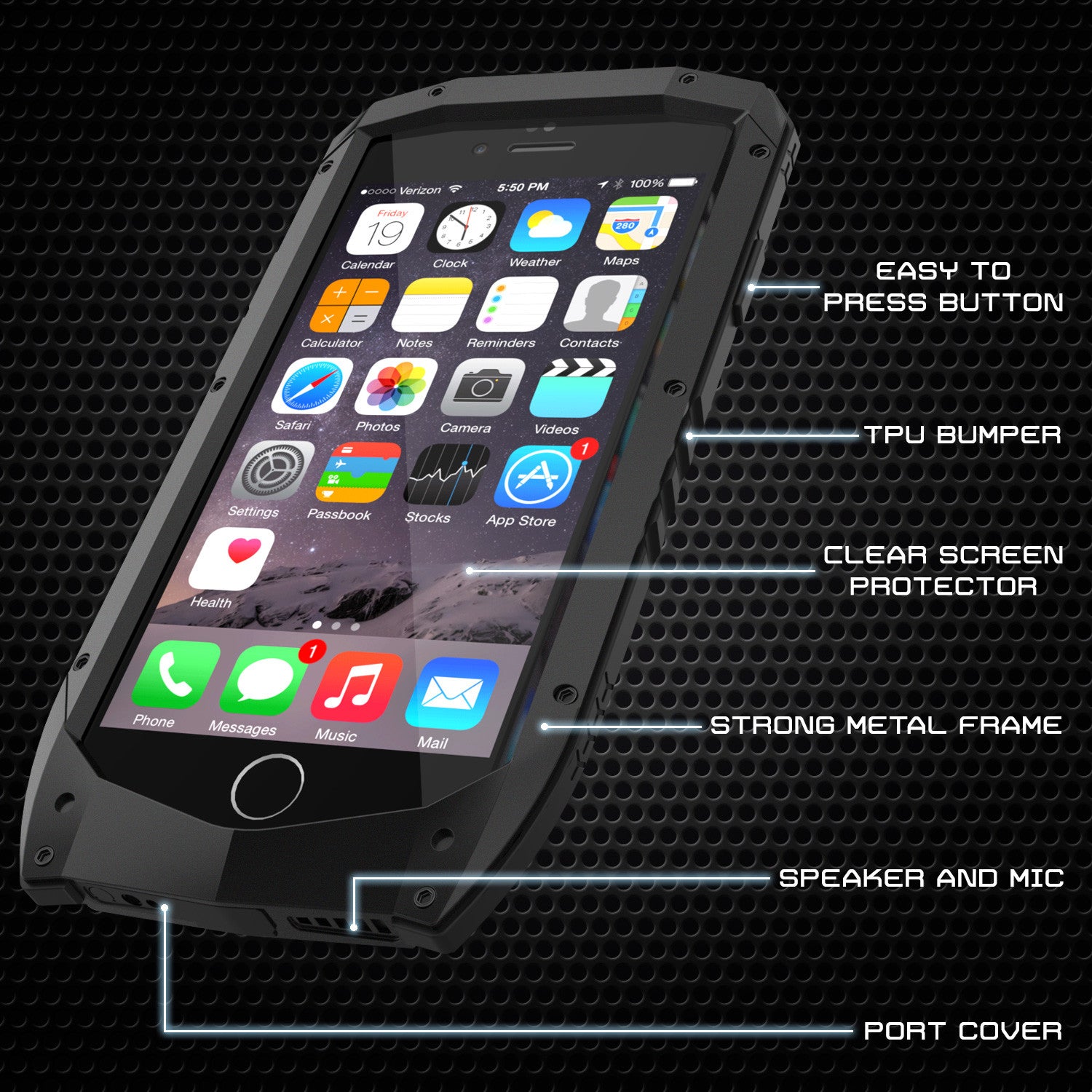 iPhone 6s/6 Case, Punkcase Metallic PRO Black Series Cover W/ Attached Screen Protector | Touch-ID