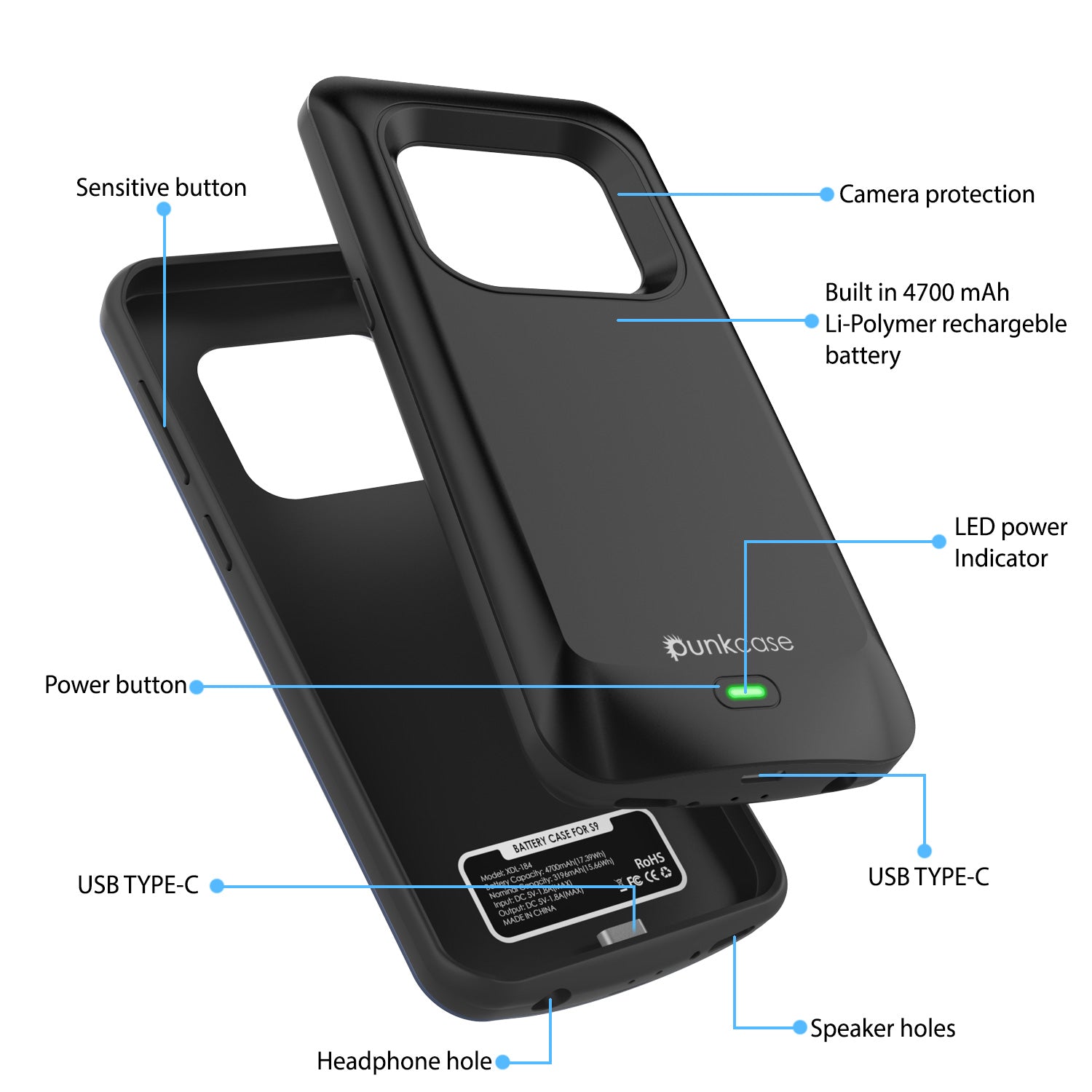 Galaxy S9 Battery Case, PunkJuice 5000mAH Fast Charging Power Bank Case [Black]