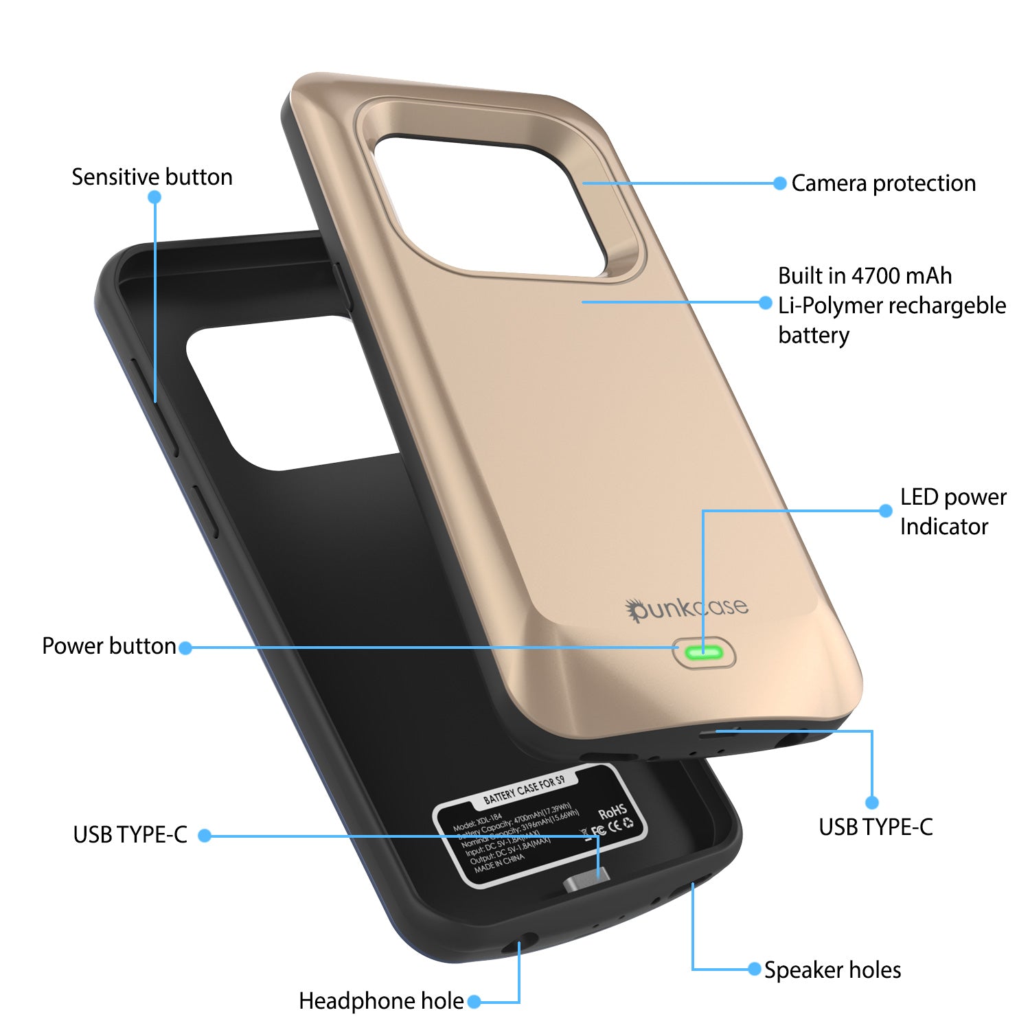 Galaxy S9 Battery Case, PunkJuice 5000mAH Fast Charging Power Bank Case[Gold]