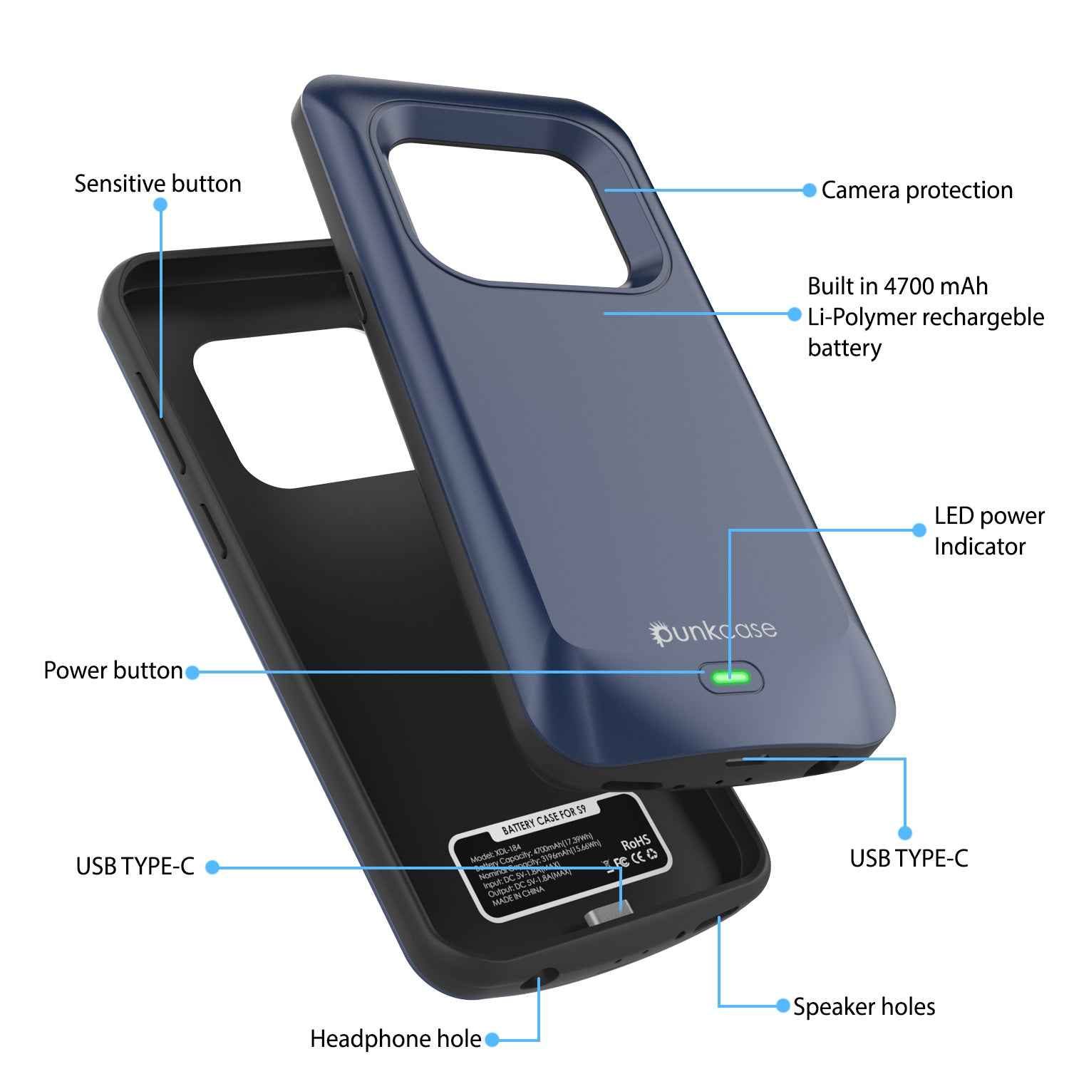 Galaxy S9 Battery Case, PunkJuice 5000mAH Fast Charging Power Bank Case [Navy]