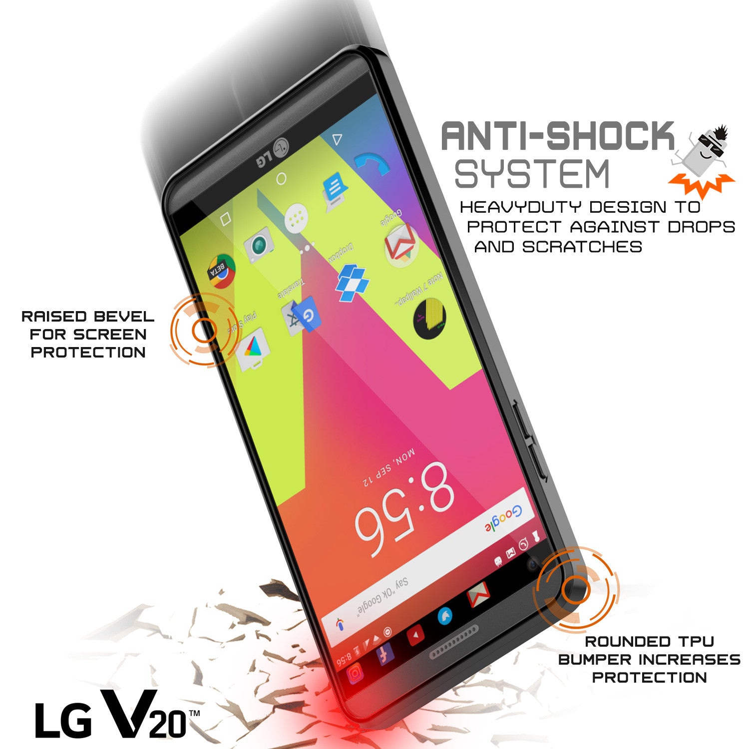 LG v20 Case Punkcase® LUCID 2.0 Black Series w/ PUNK SHIELD Glass Screen Protector | Ultra Fit