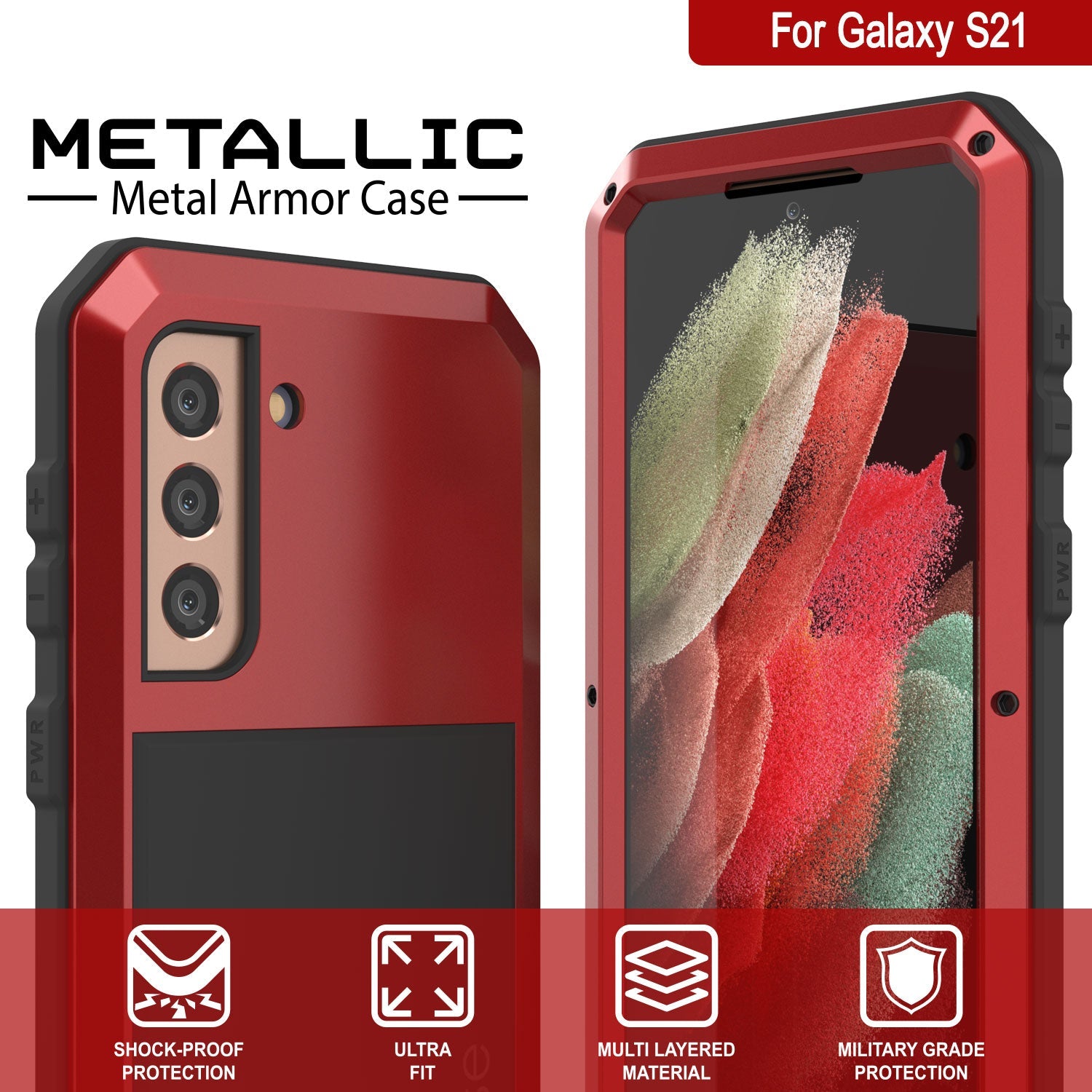 Galaxy S21 FE Metal Case, Heavy Duty Military Grade Rugged Armor Cover [Red]