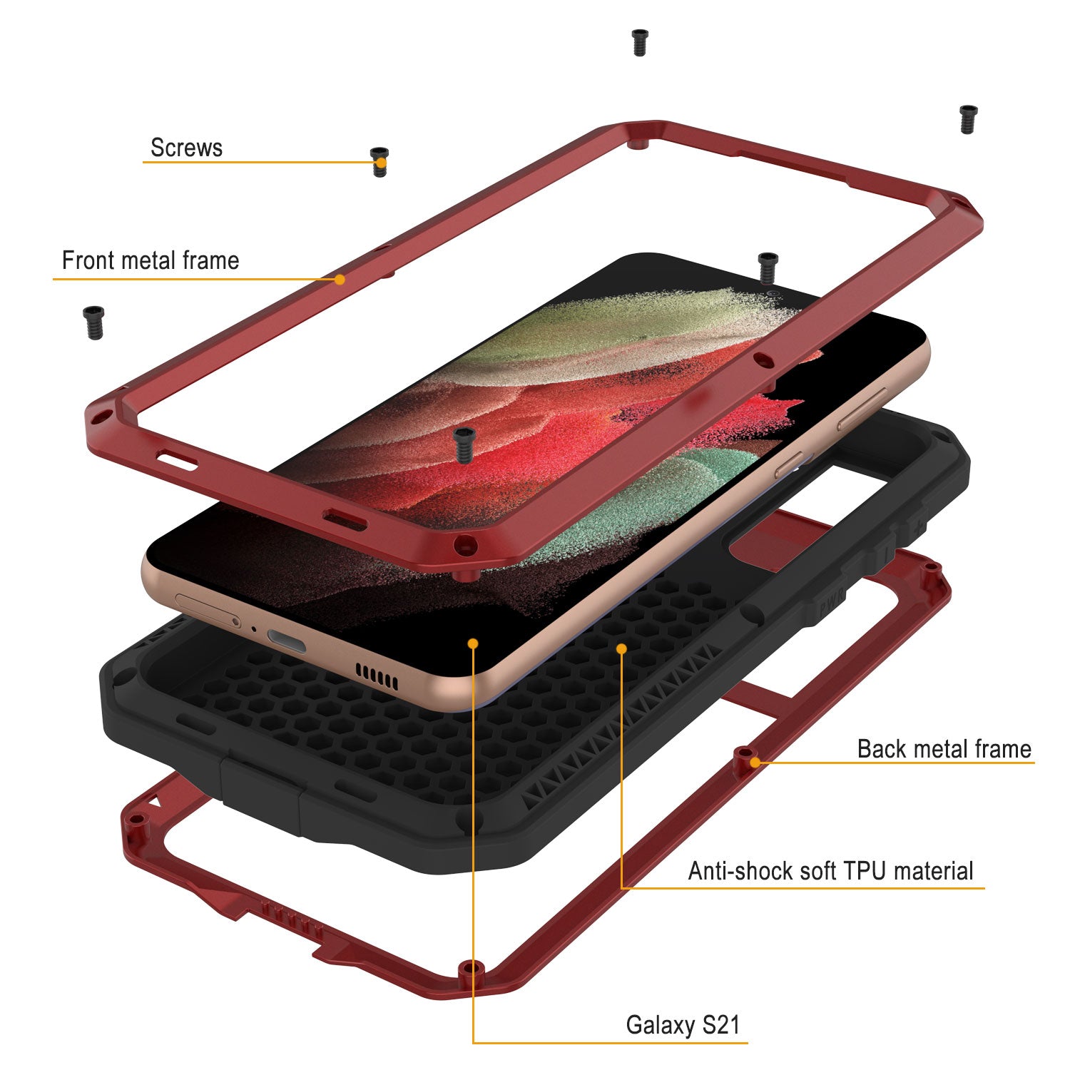 Galaxy S21 Metal Case, Heavy Duty Military Grade Rugged Armor Cover [Red]
