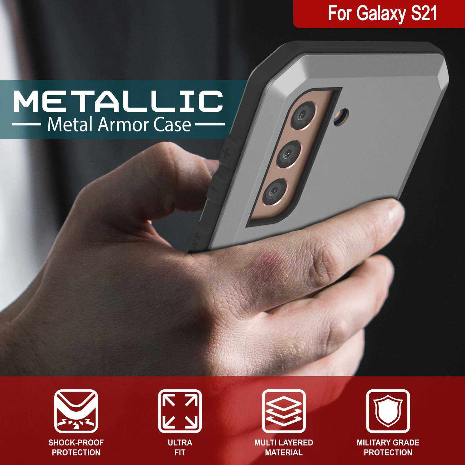 Galaxy S21 FE Metal Case, Heavy Duty Military Grade Rugged Armor Cover [Silver]