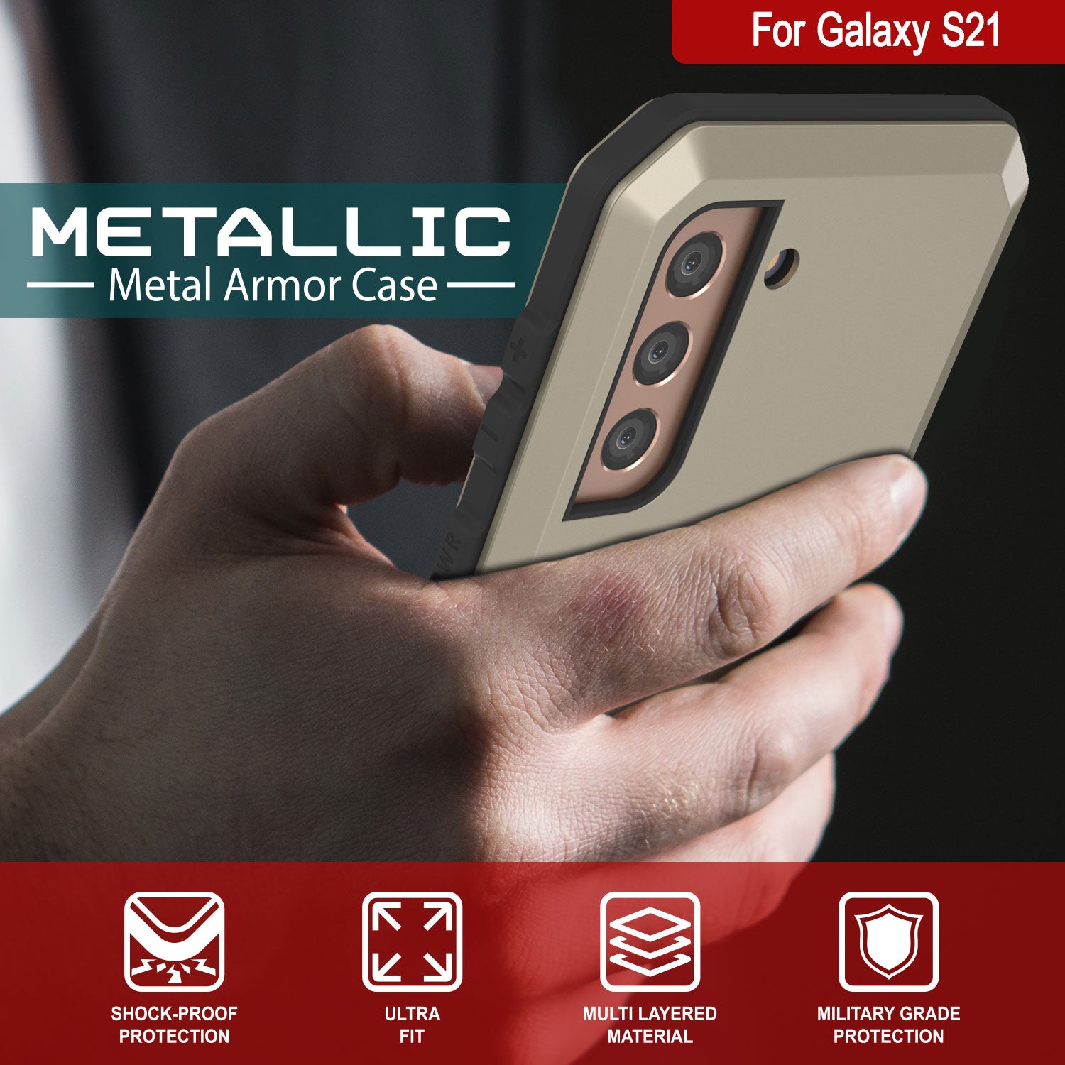 Galaxy S21 Metal Case, Heavy Duty Military Grade Rugged Armor Cover [Gold]