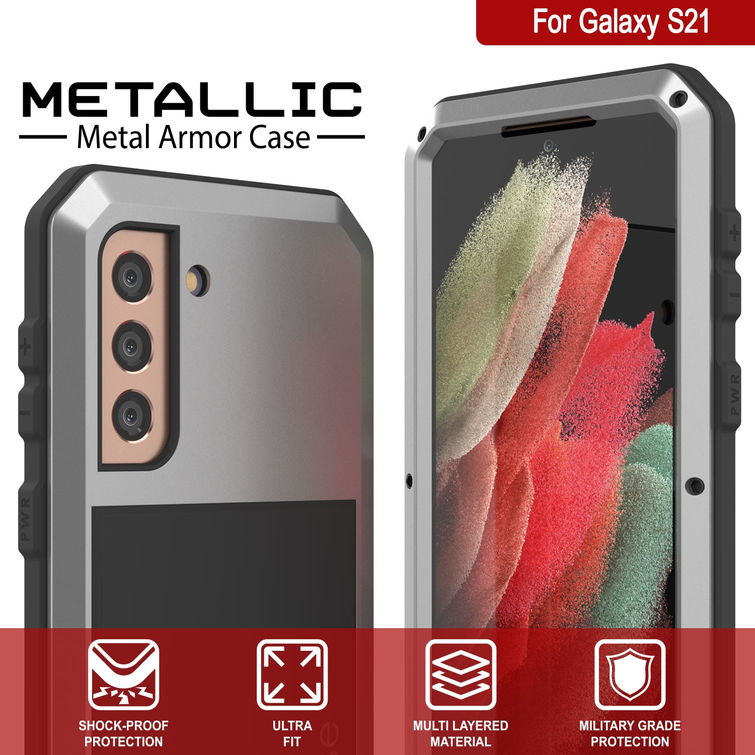 Galaxy S21 Metal Case, Heavy Duty Military Grade Rugged Armor Cover [Silver]