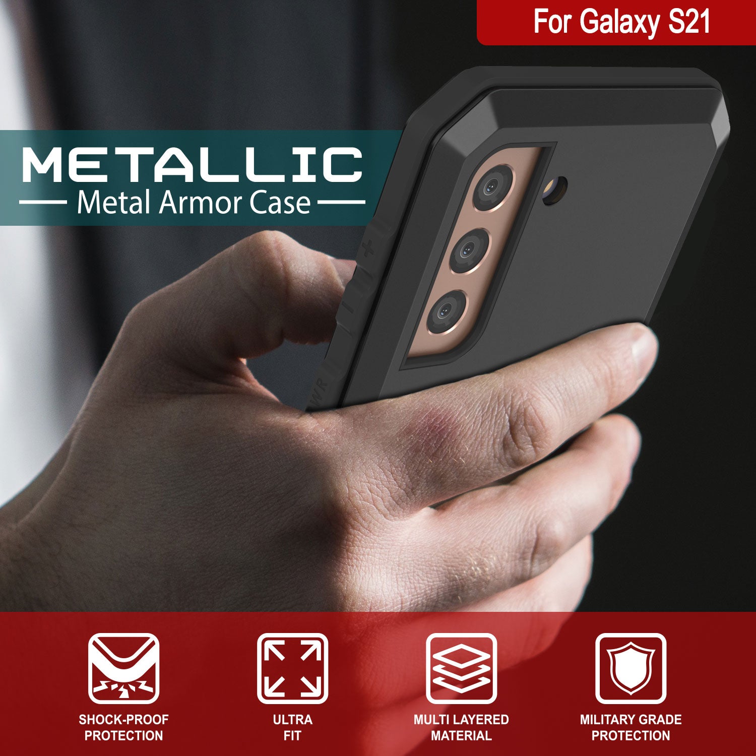 Galaxy S21 Metal Case, Heavy Duty Military Grade Rugged Armor Cover [Black]