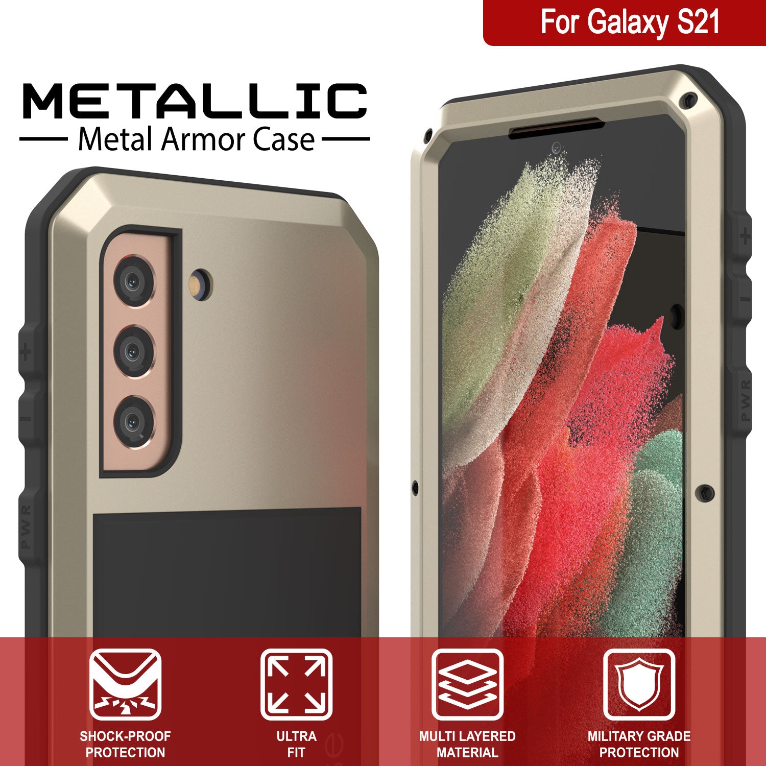 Galaxy S21 Metal Case, Heavy Duty Military Grade Rugged Armor Cover [Gold]
