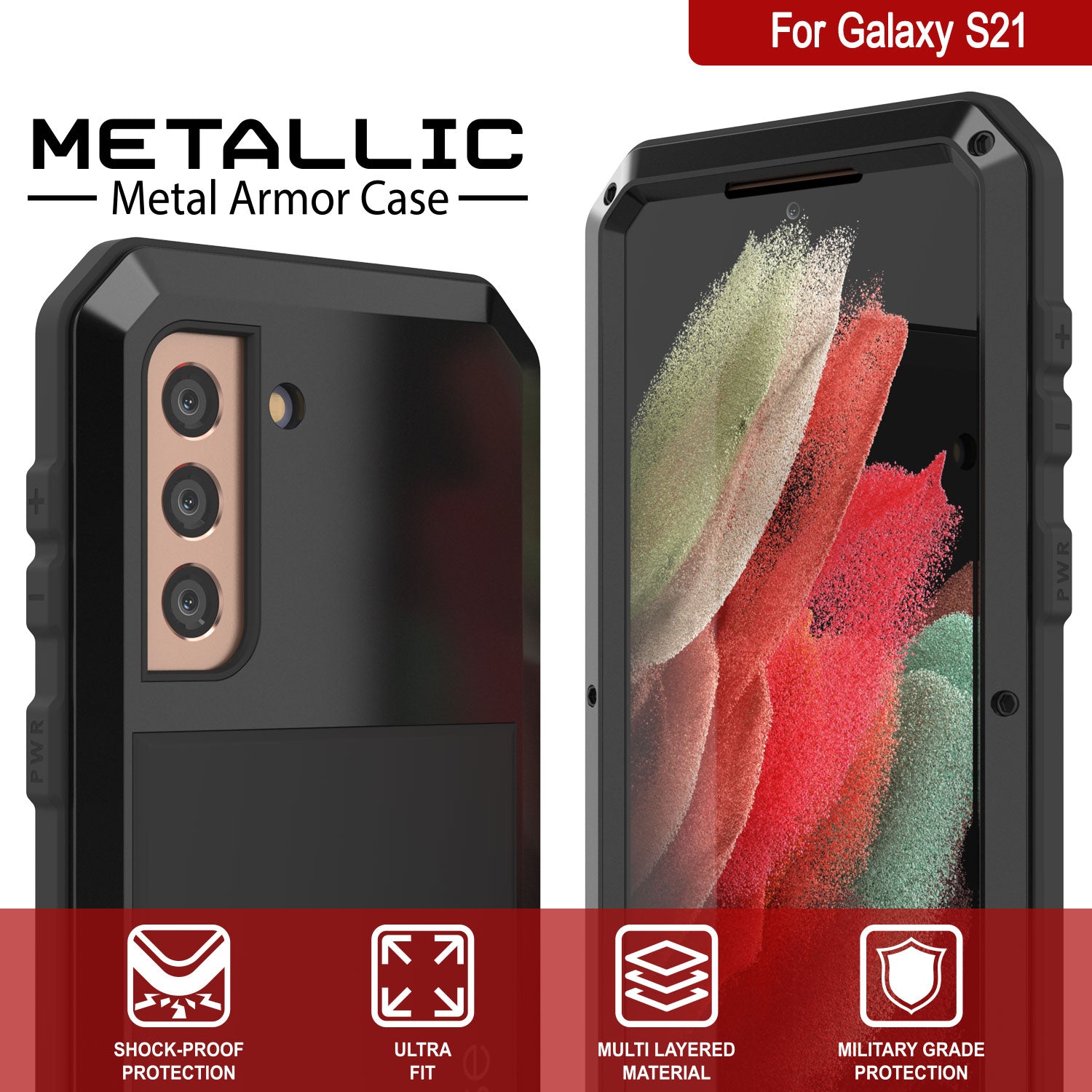 Galaxy S21 Metal Case, Heavy Duty Military Grade Rugged Armor Cover [Black]