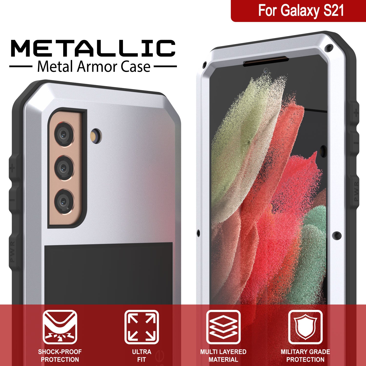 Galaxy S21 Metal Case, Heavy Duty Military Grade Rugged Armor Cover [White]