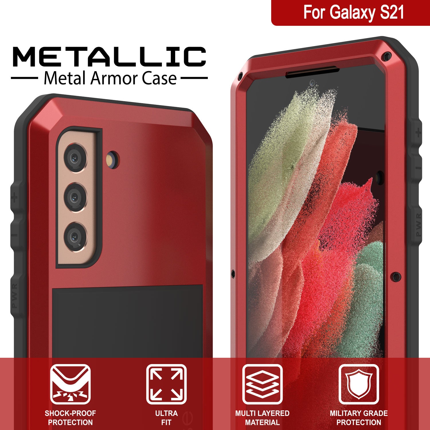 Galaxy S21 Metal Case, Heavy Duty Military Grade Rugged Armor Cover [Red]