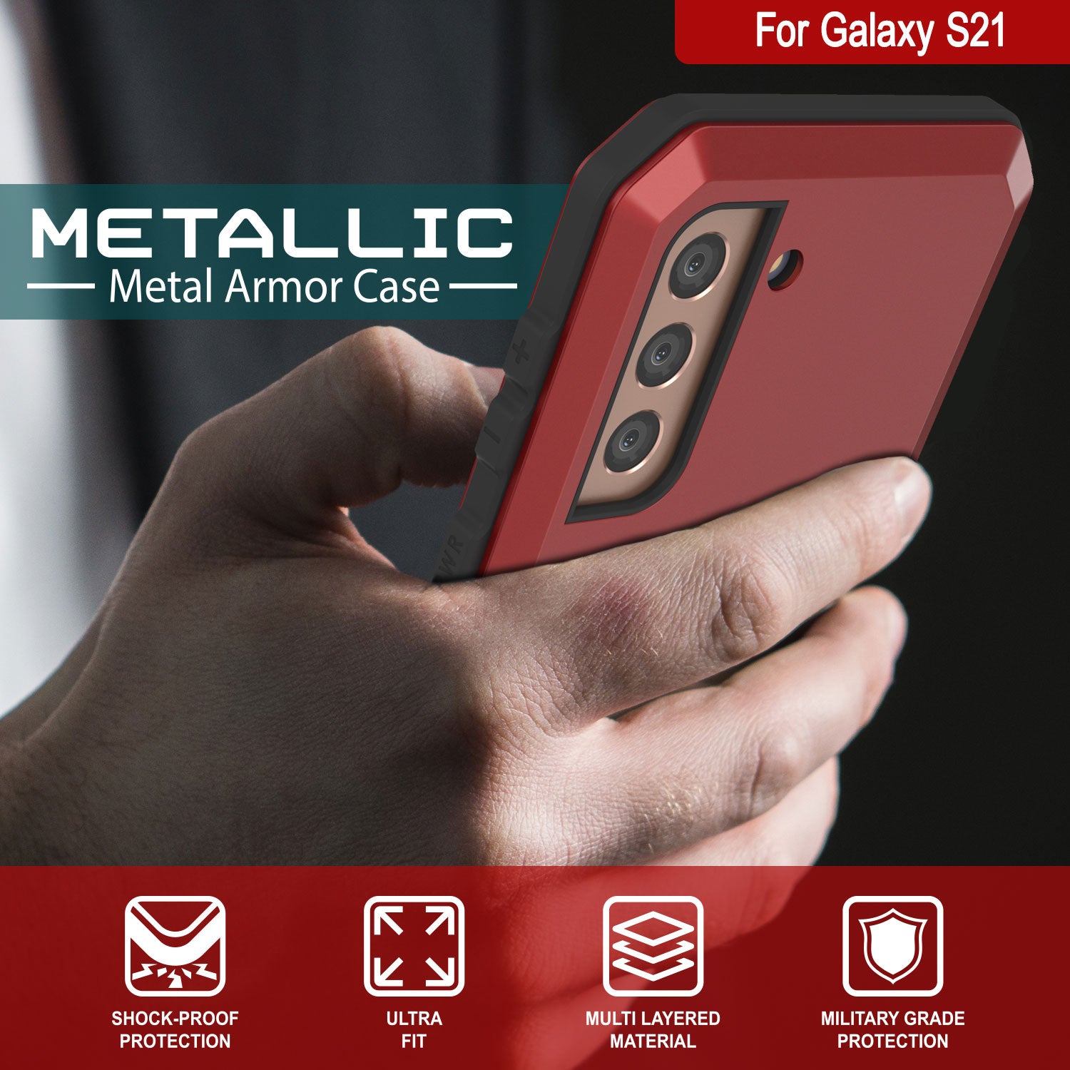 Galaxy S21 Metal Case, Heavy Duty Military Grade Rugged Armor Cover [Red]