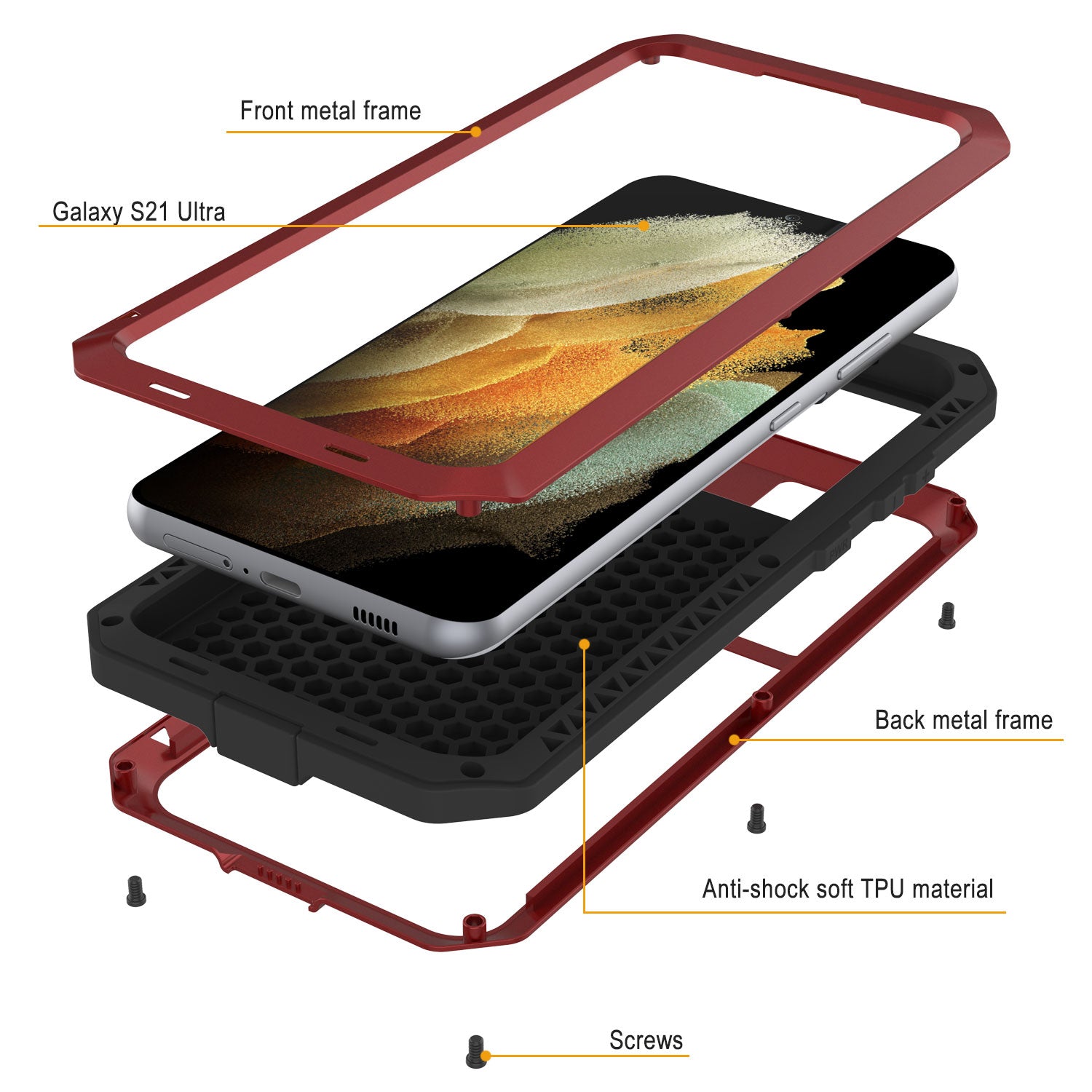 Galaxy S21 Ultra Metal Case, Heavy Duty Military Grade Rugged Armor Cover [Red]