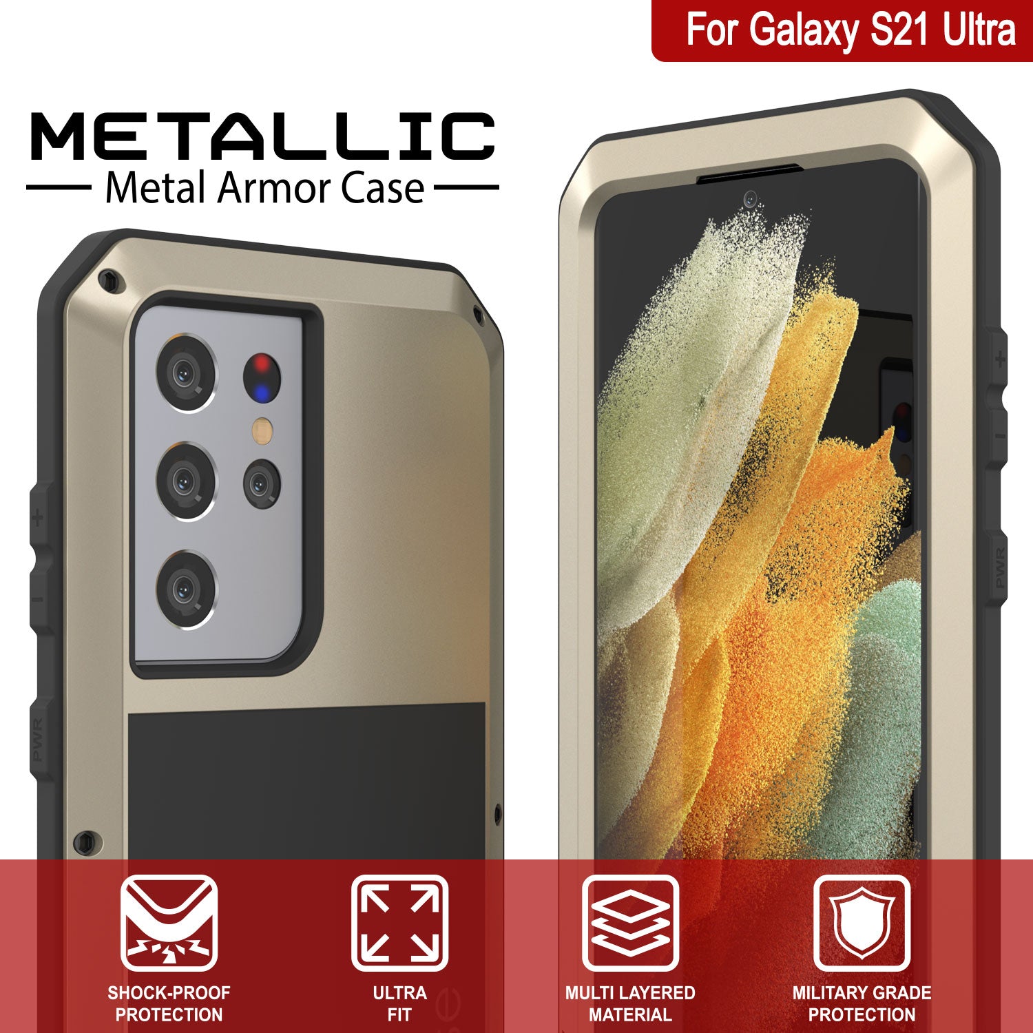 Galaxy S21 Ultra Metal Case, Heavy Duty Military Grade Rugged Armor Cover [Gold]