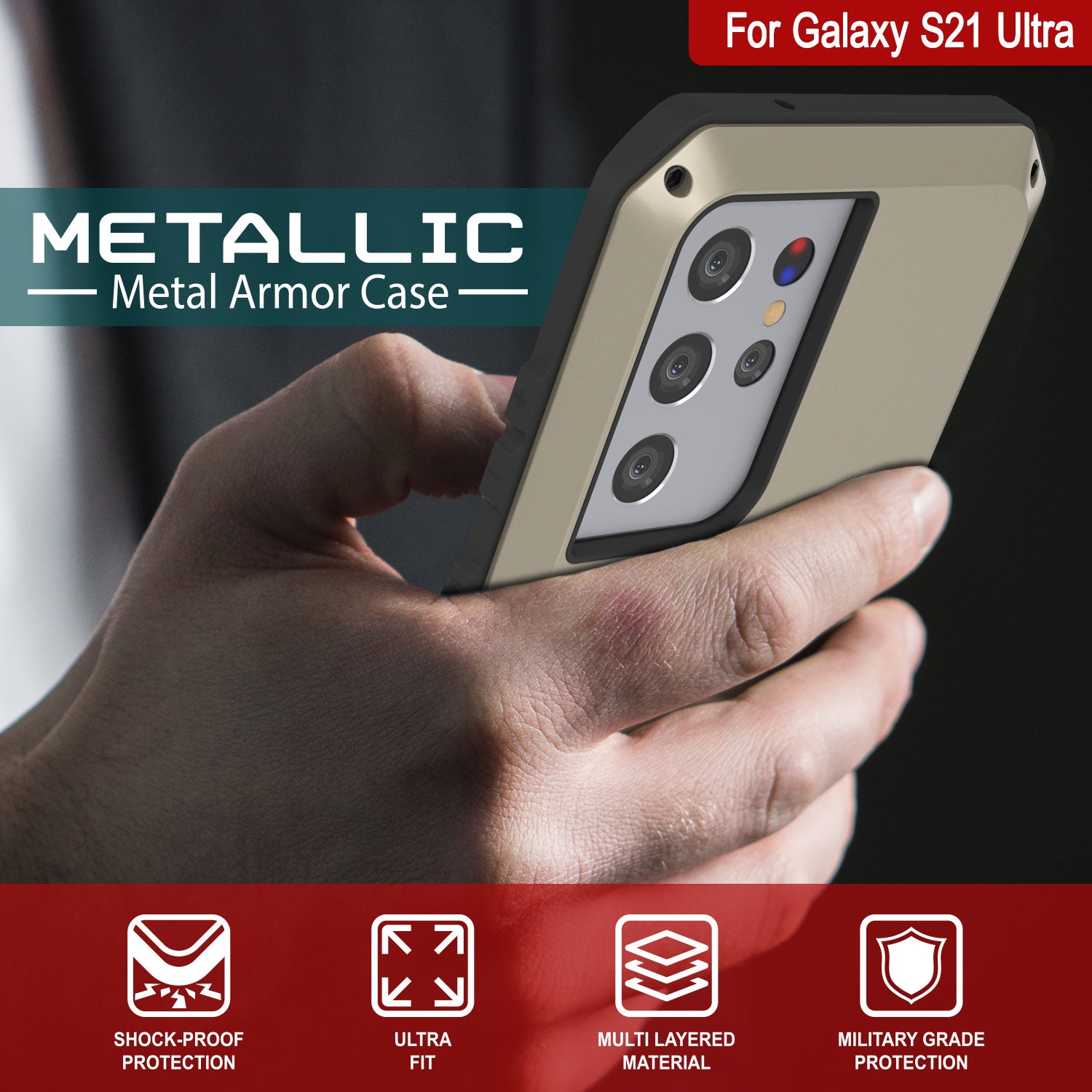 Galaxy S21 Ultra Metal Case, Heavy Duty Military Grade Rugged Armor Cover [Gold]