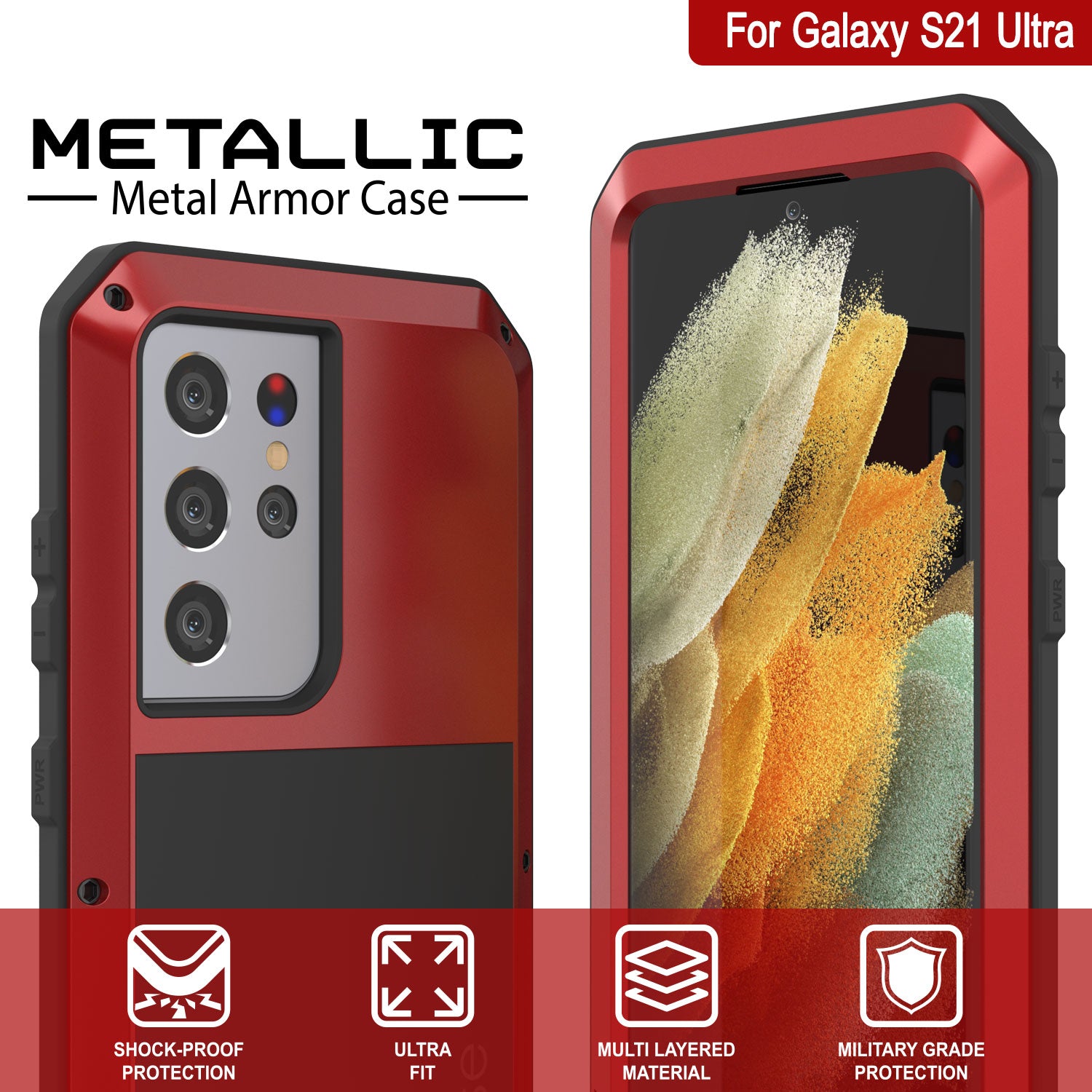 Galaxy S21 Ultra Metal Case, Heavy Duty Military Grade Rugged Armor Cover [Red]