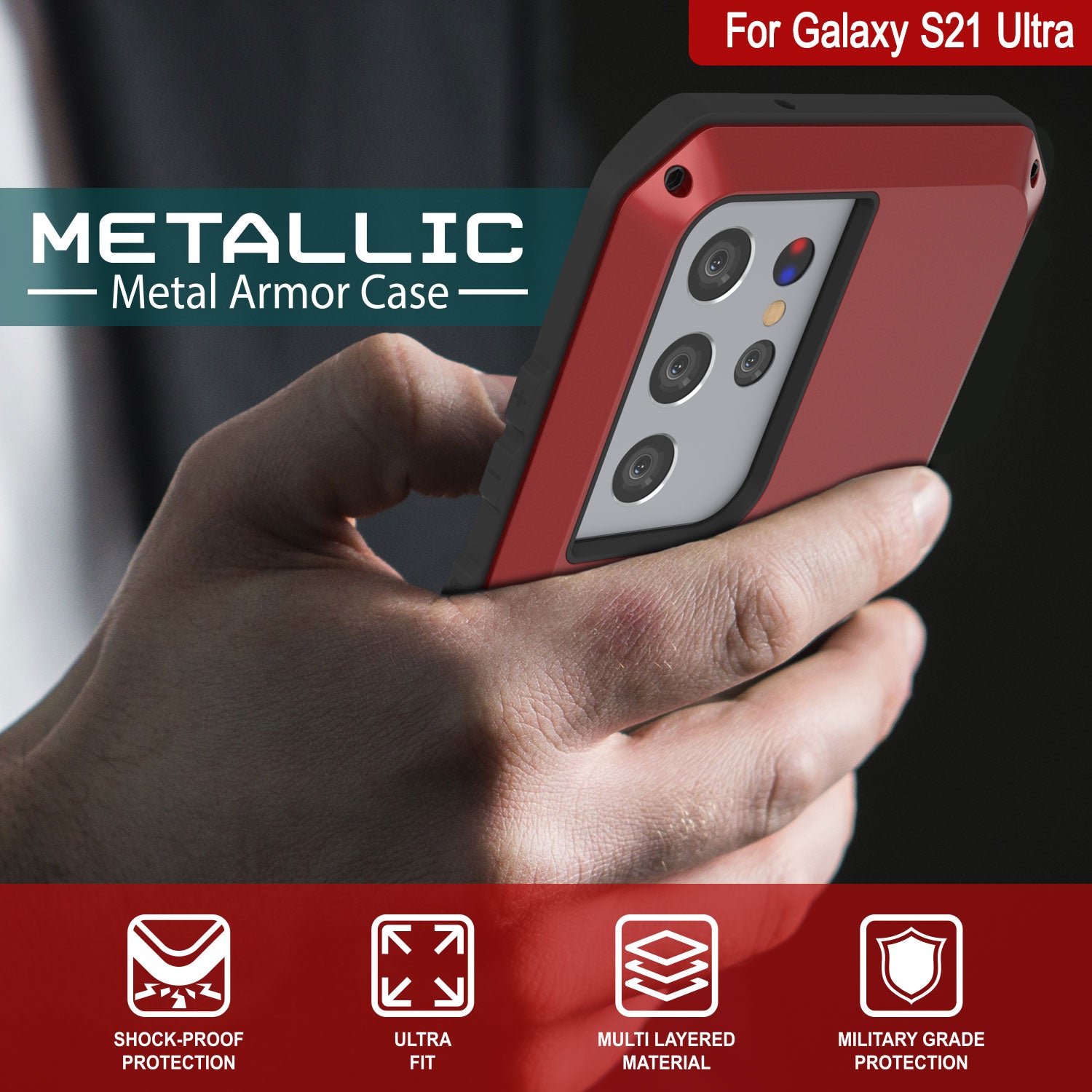 Galaxy S21 Ultra Metal Case, Heavy Duty Military Grade Rugged Armor Cover [Red]