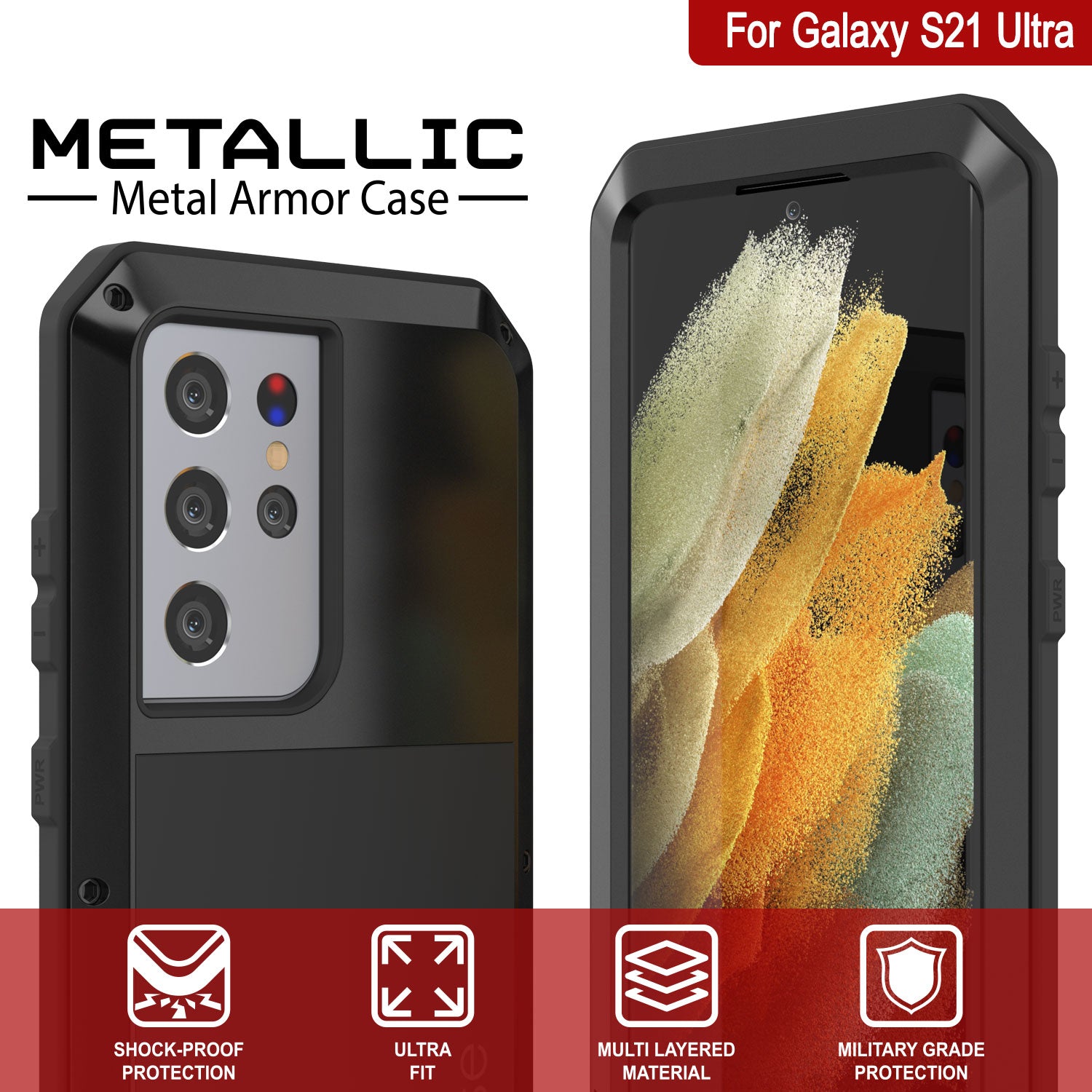 Galaxy S21 Ultra Metal Case, Heavy Duty Military Grade Rugged Armor Cover [Black]