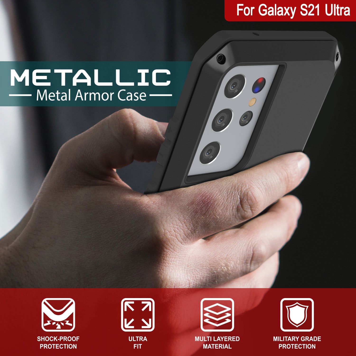 Galaxy S21 Ultra Metal Case, Heavy Duty Military Grade Rugged Armor Cover [Black]