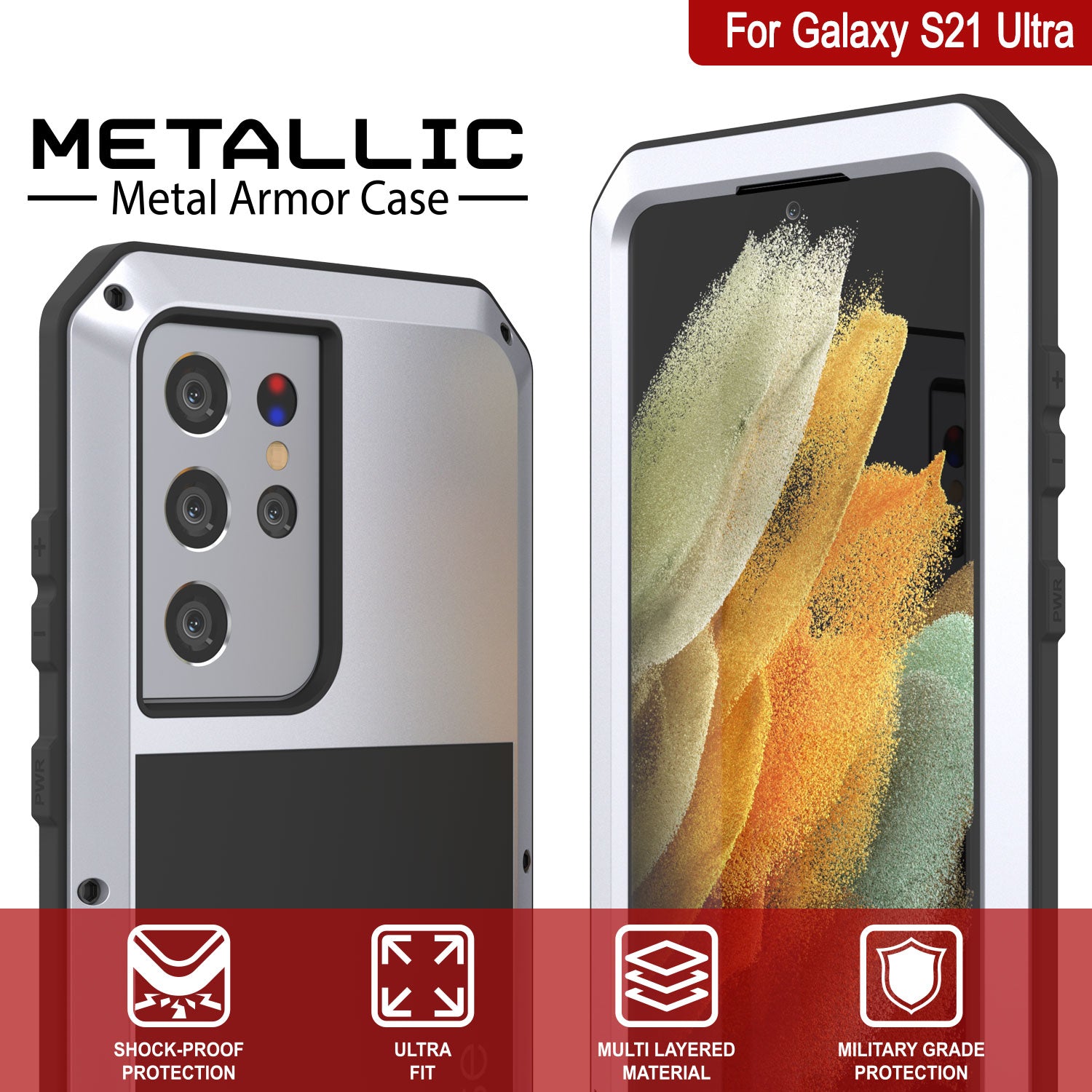 Galaxy S21 Ultra Metal Case, Heavy Duty Military Grade Rugged Armor Cover [White]