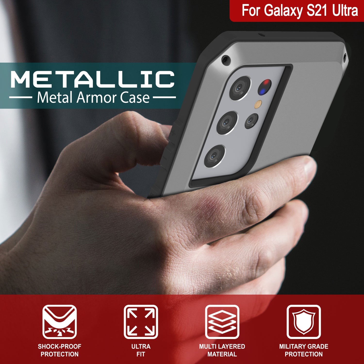 Galaxy S21 Ultra Metal Case, Heavy Duty Military Grade Rugged Armor Cover [Silver]
