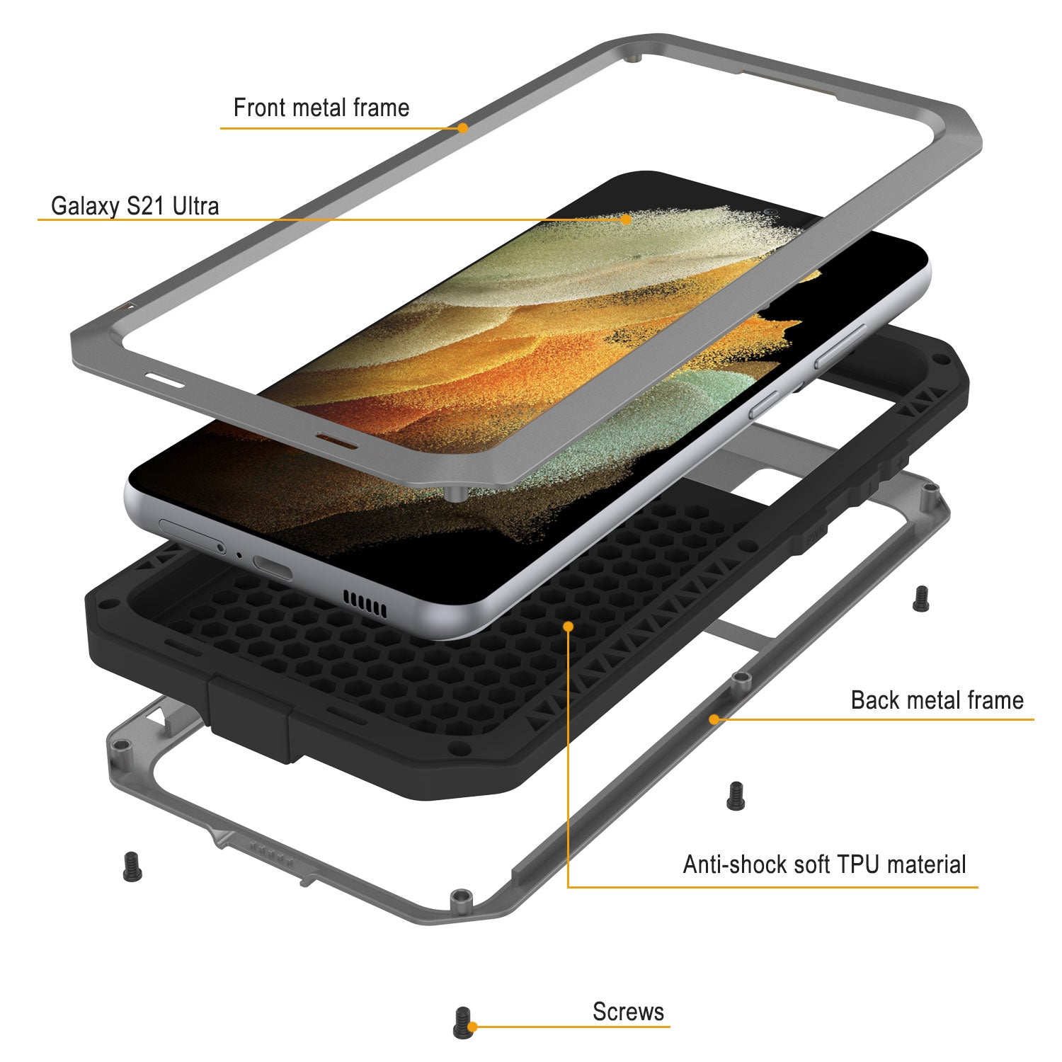 Galaxy S21 Ultra Metal Case, Heavy Duty Military Grade Rugged Armor Cover [Silver]