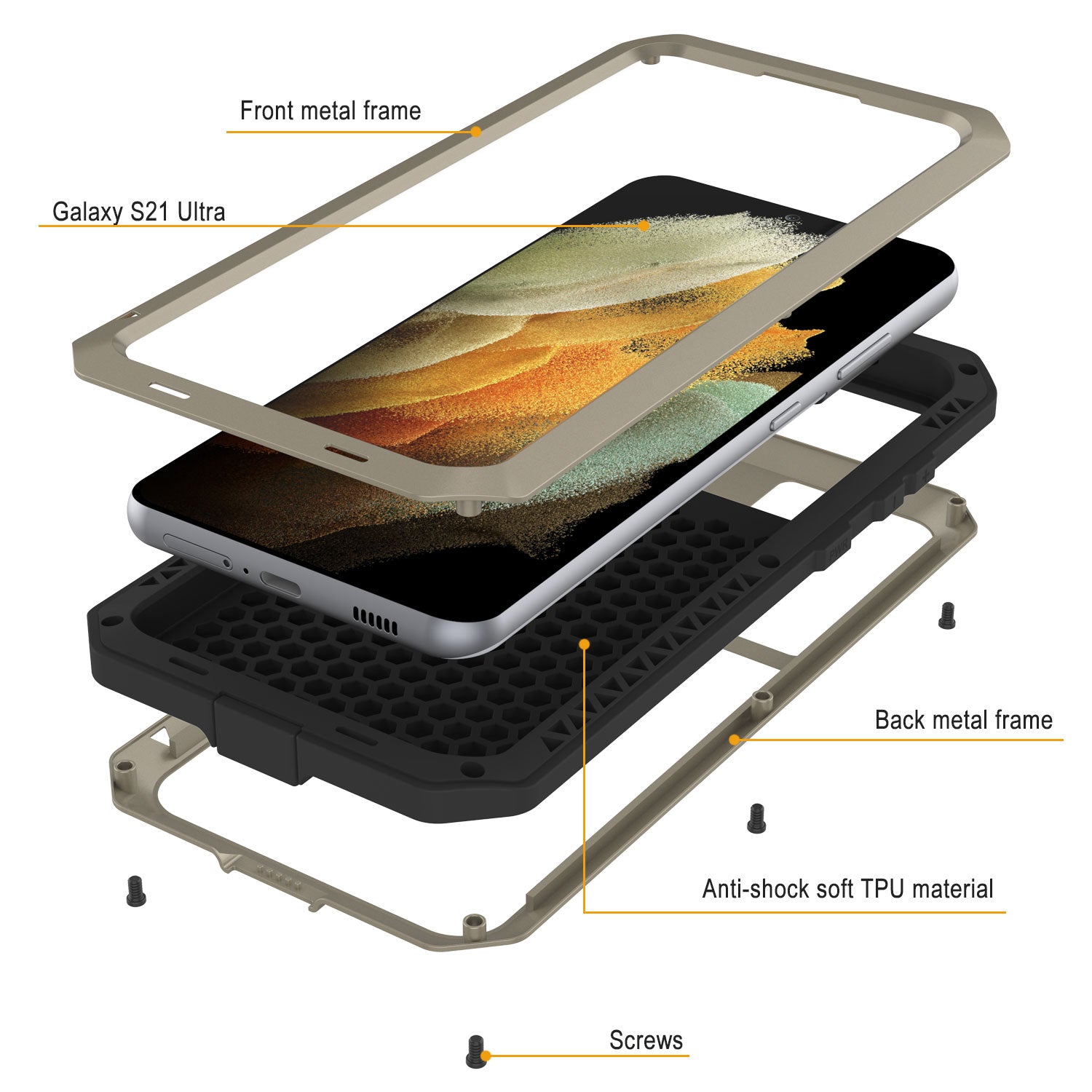 Galaxy S21 Ultra Metal Case, Heavy Duty Military Grade Rugged Armor Cover [Gold]