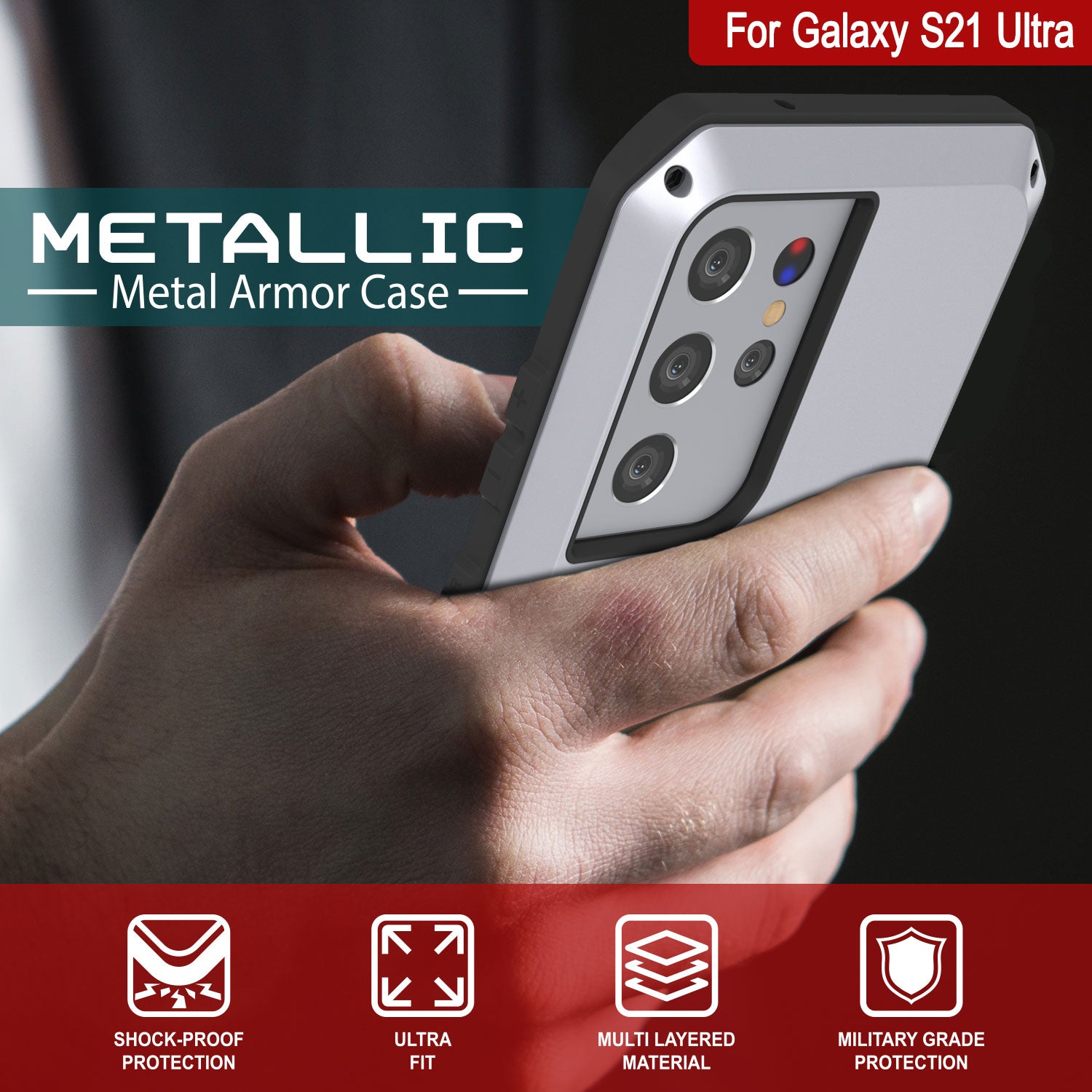 Galaxy S21 Ultra Metal Case, Heavy Duty Military Grade Rugged Armor Cover [White]