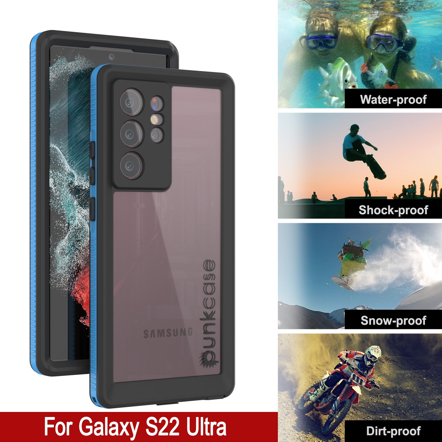 Galaxy S22 Ultra Waterproof Case PunkCase Ultimato Light Blue Thin 6.6ft Underwater IP68 ShockProof [Blue]