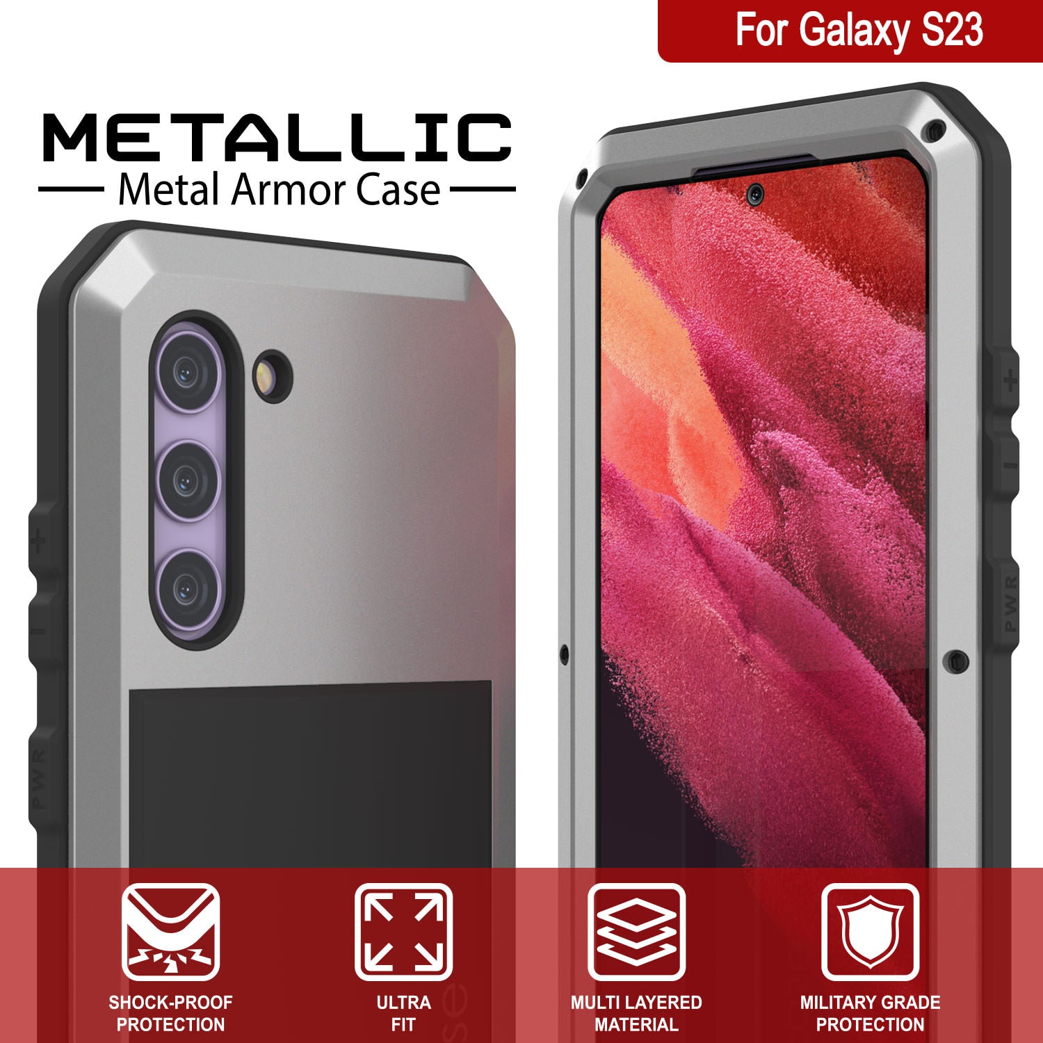 Punkcase Galaxy S23 Metal Case, Heavy Duty Military Grade Armor Cover [Shock Proof] Full Body Hard [Silver]