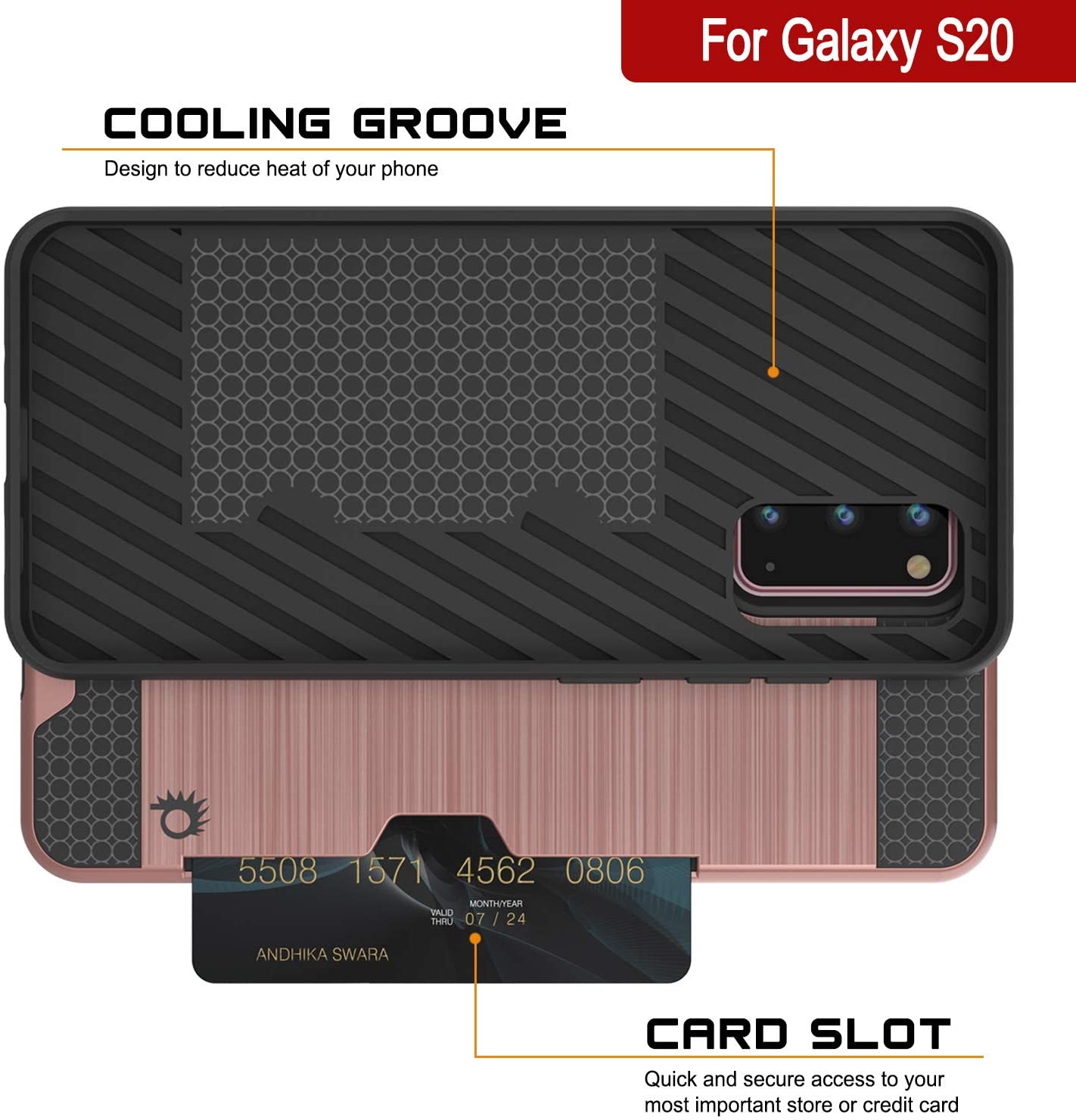 Galaxy S20 Case, PUNKcase [SLOT Series] [Slim Fit] Dual-Layer Armor Cover w/Integrated Anti-Shock System, Credit Card Slot [Rose Gold]