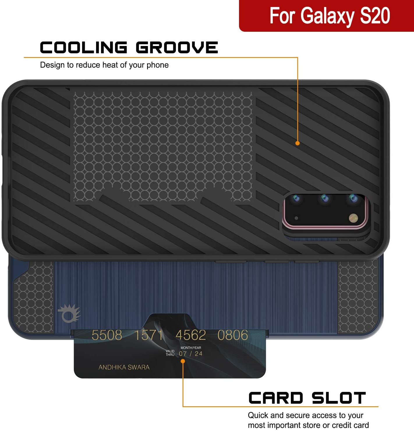 Galaxy S20 Case, PUNKcase [SLOT Series] [Slim Fit] Dual-Layer Armor Cover w/Integrated Anti-Shock System, Credit Card Slot [Navy]