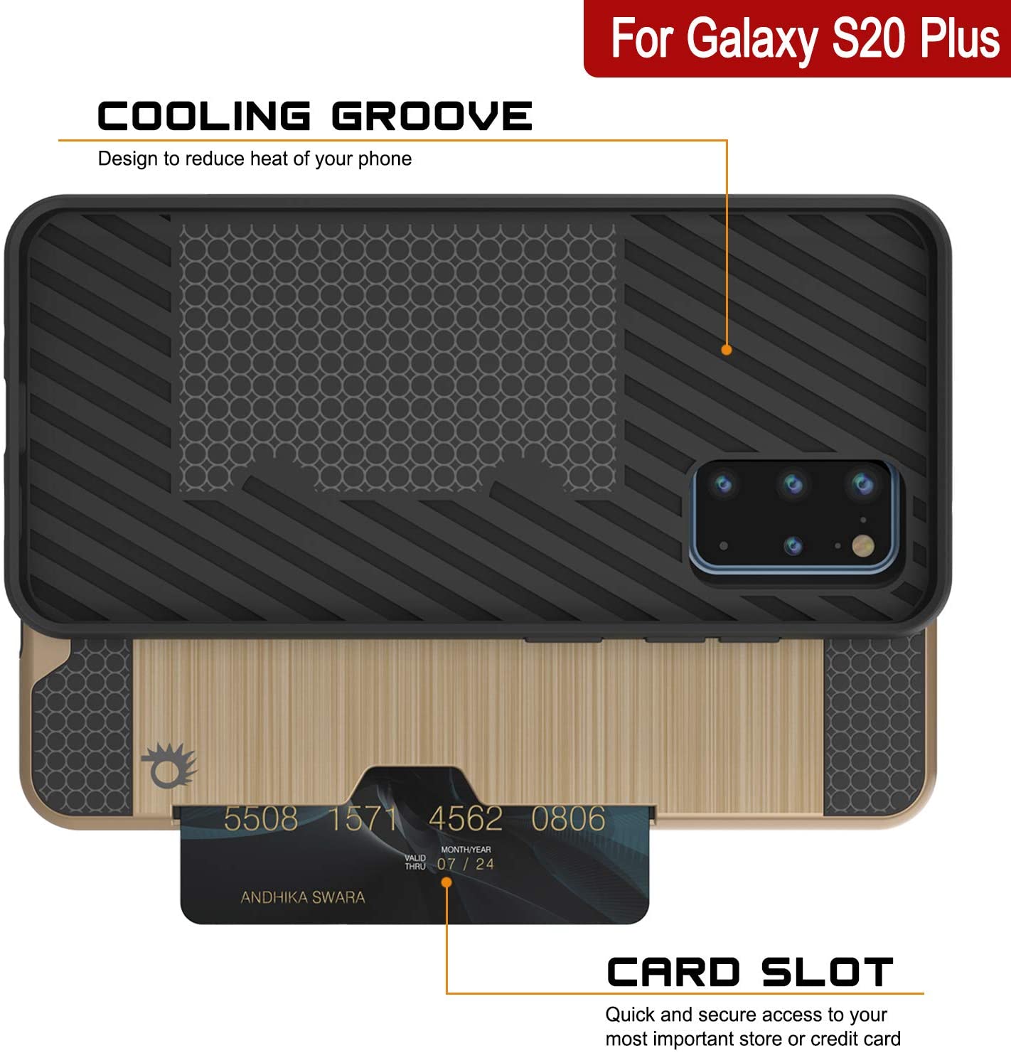Galaxy S20+ Plus  Case, PUNKcase [SLOT Series] [Slim Fit] Dual-Layer Armor Cover w/Integrated Anti-Shock System, Credit Card Slot [Gold]
