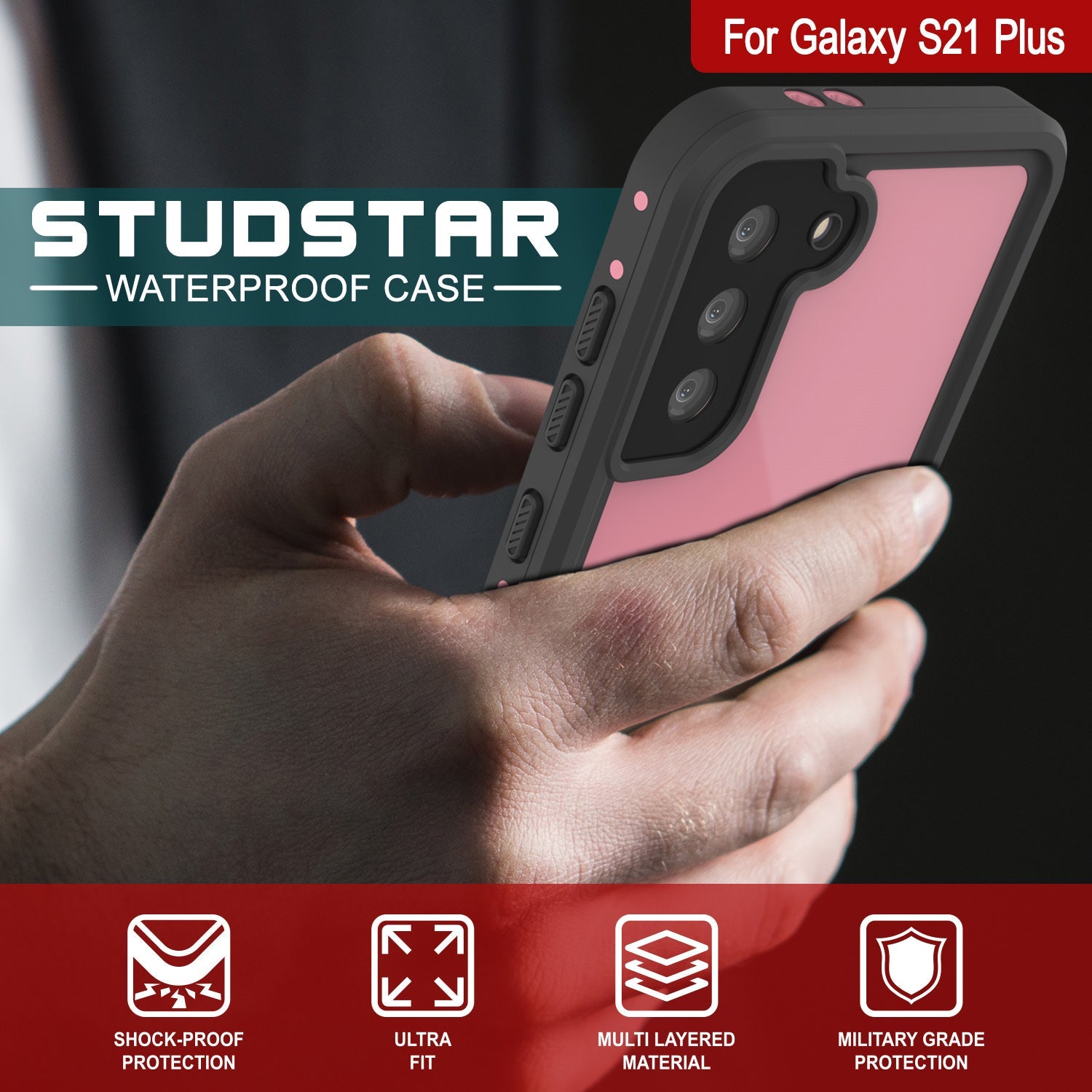 Galaxy S22+ Plus Waterproof Case PunkCase StudStar Pink Thin 6.6ft Underwater IP68 Shock/Snow Proof
