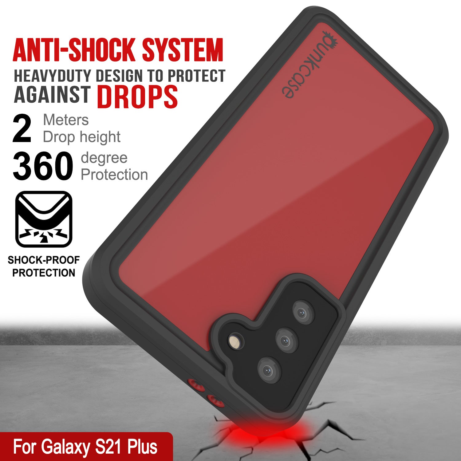 Galaxy S21+ Plus Waterproof Case PunkCase StudStar Red Thin 6.6ft Underwater IP68 Shock/Snow Proof