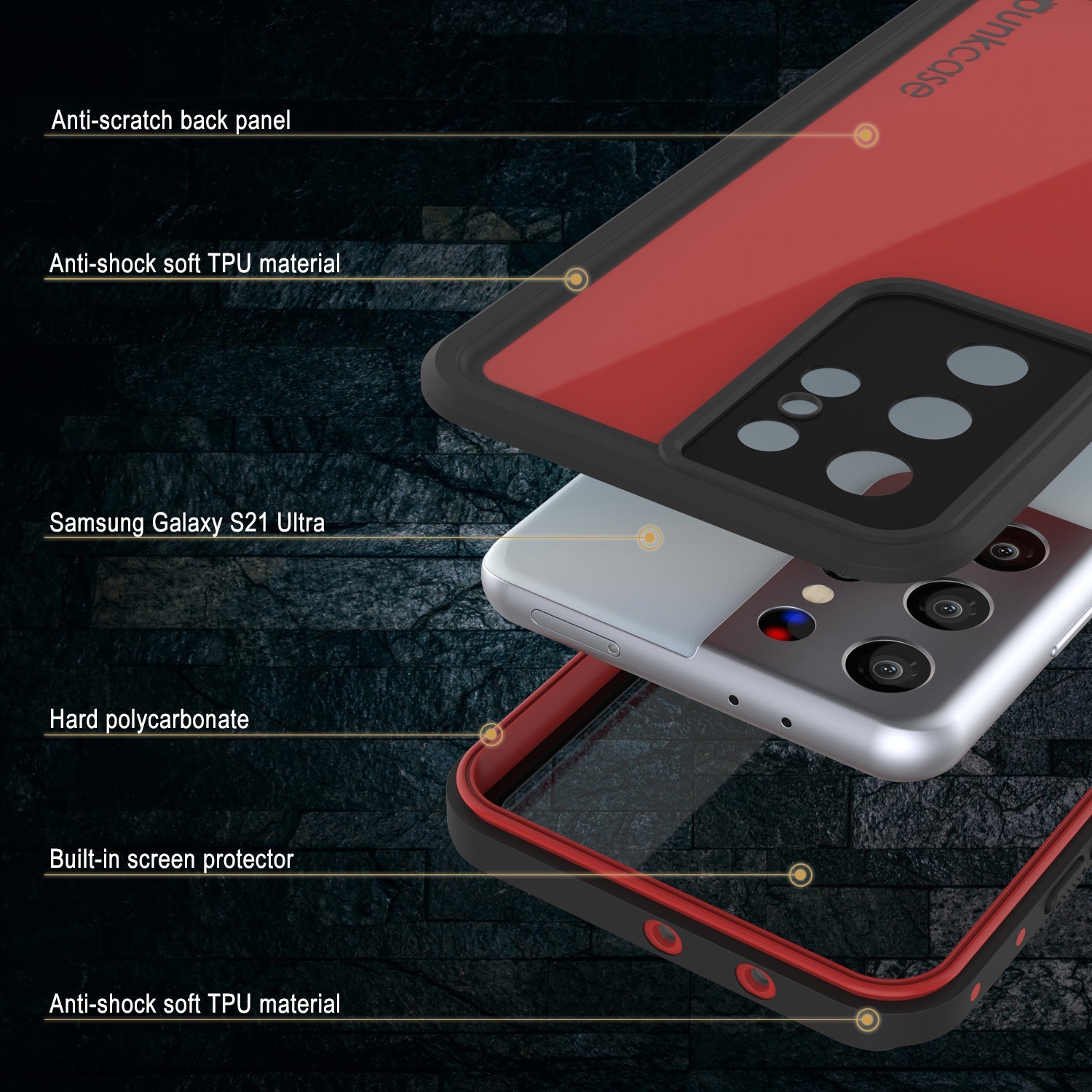 Galaxy S22 Ultra Waterproof Case PunkCase StudStar Red Thin 6.6ft Underwater IP68 Shock/Snow Proof