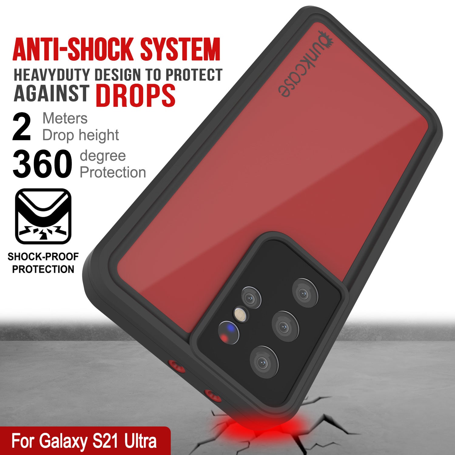 Galaxy S21 Ultra Waterproof Case PunkCase StudStar Red Thin 6.6ft Underwater IP68 Shock/Snow Proof