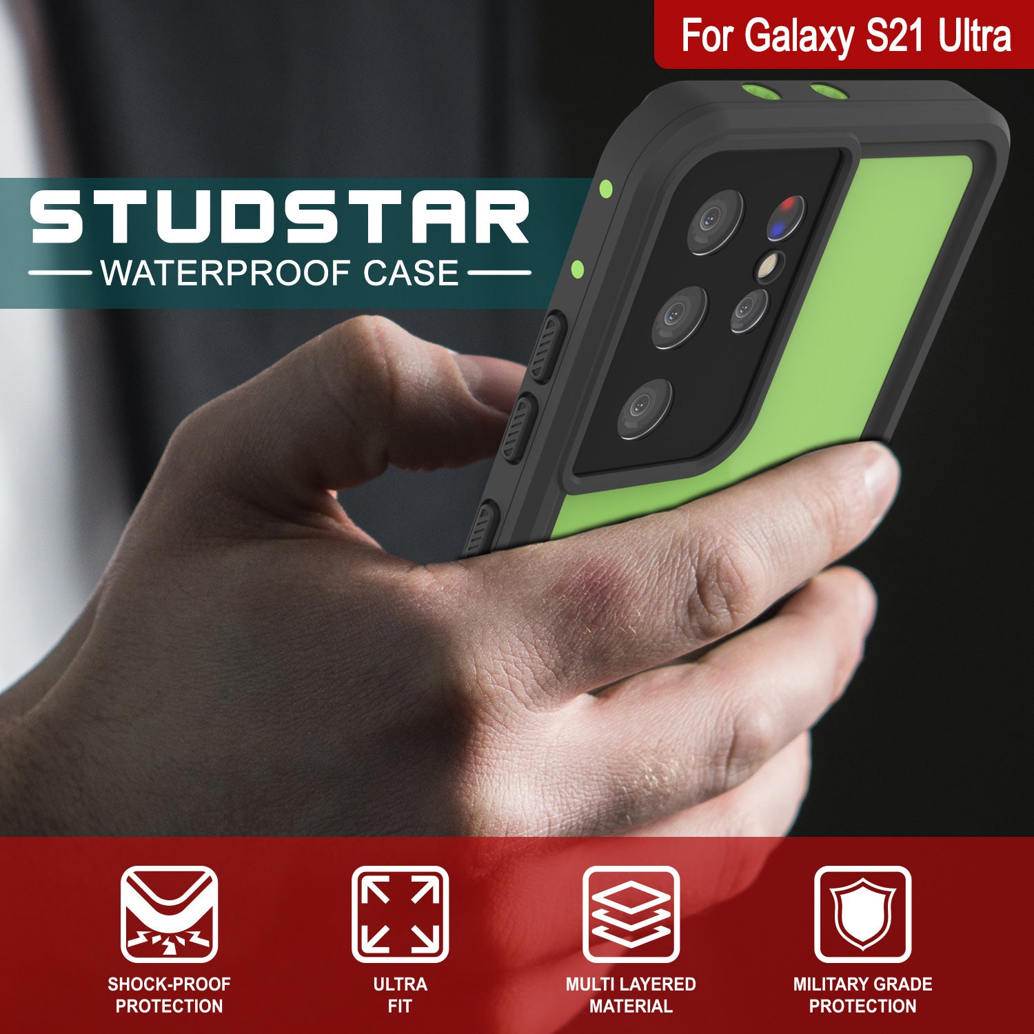 Galaxy S21 Ultra Waterproof Case PunkCase StudStar Light Green Thin 6.6ft Underwater IP68 ShockProof
