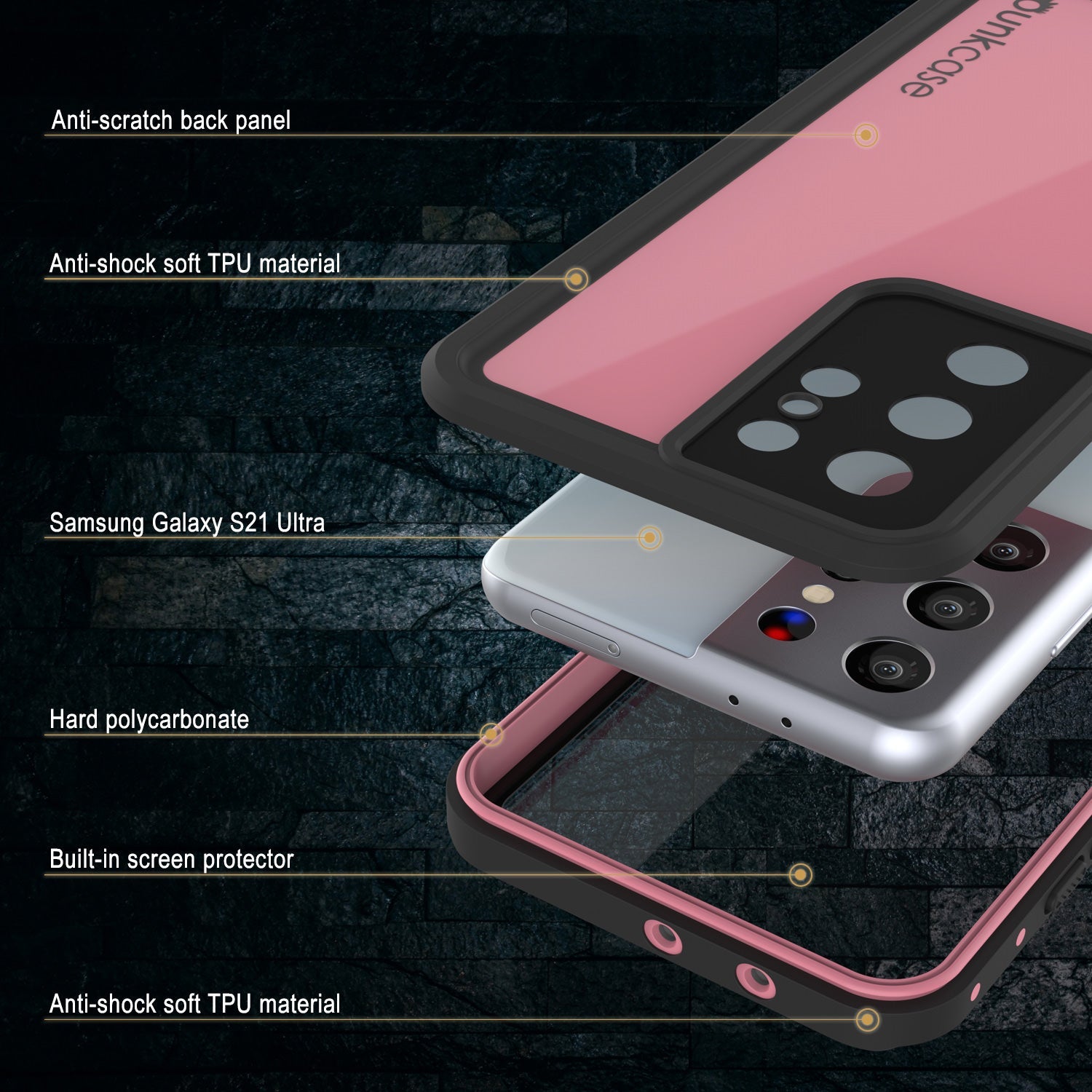 Galaxy S22 Ultra Waterproof Case PunkCase StudStar Pink Thin 6.6ft Underwater IP68 Shock/Snow Proof