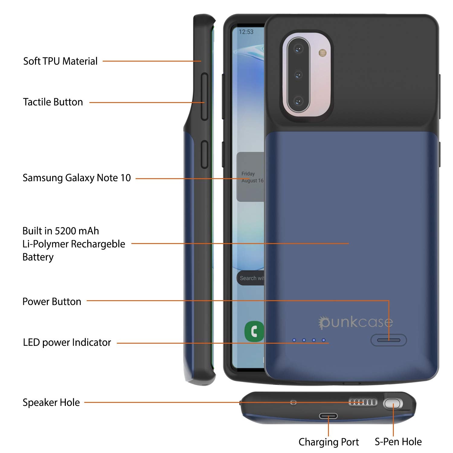 Galaxy Note 10 5200mAH Battery Charger W/ USB Port Slim Case [Blue]