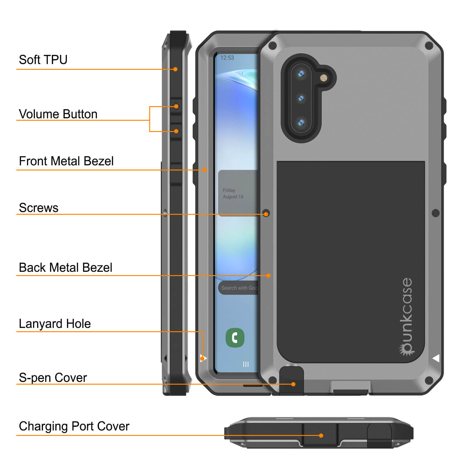 Galaxy Note 10  Case, PUNKcase Metallic Silver Shockproof  Slim Metal Armor Case [Silver]
